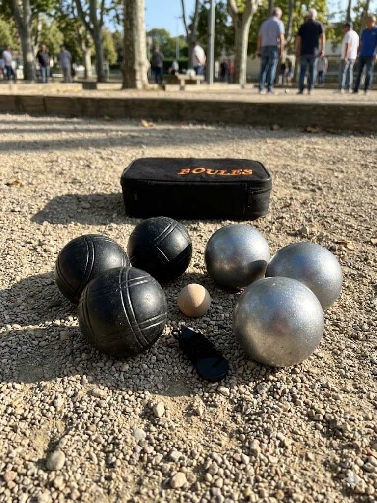 BuyBocceBalls Listing - Unique 6 Ball 73mm Metal Bocce/Petanque Set with 3 Grind Sand Balls and 3 Black Balls