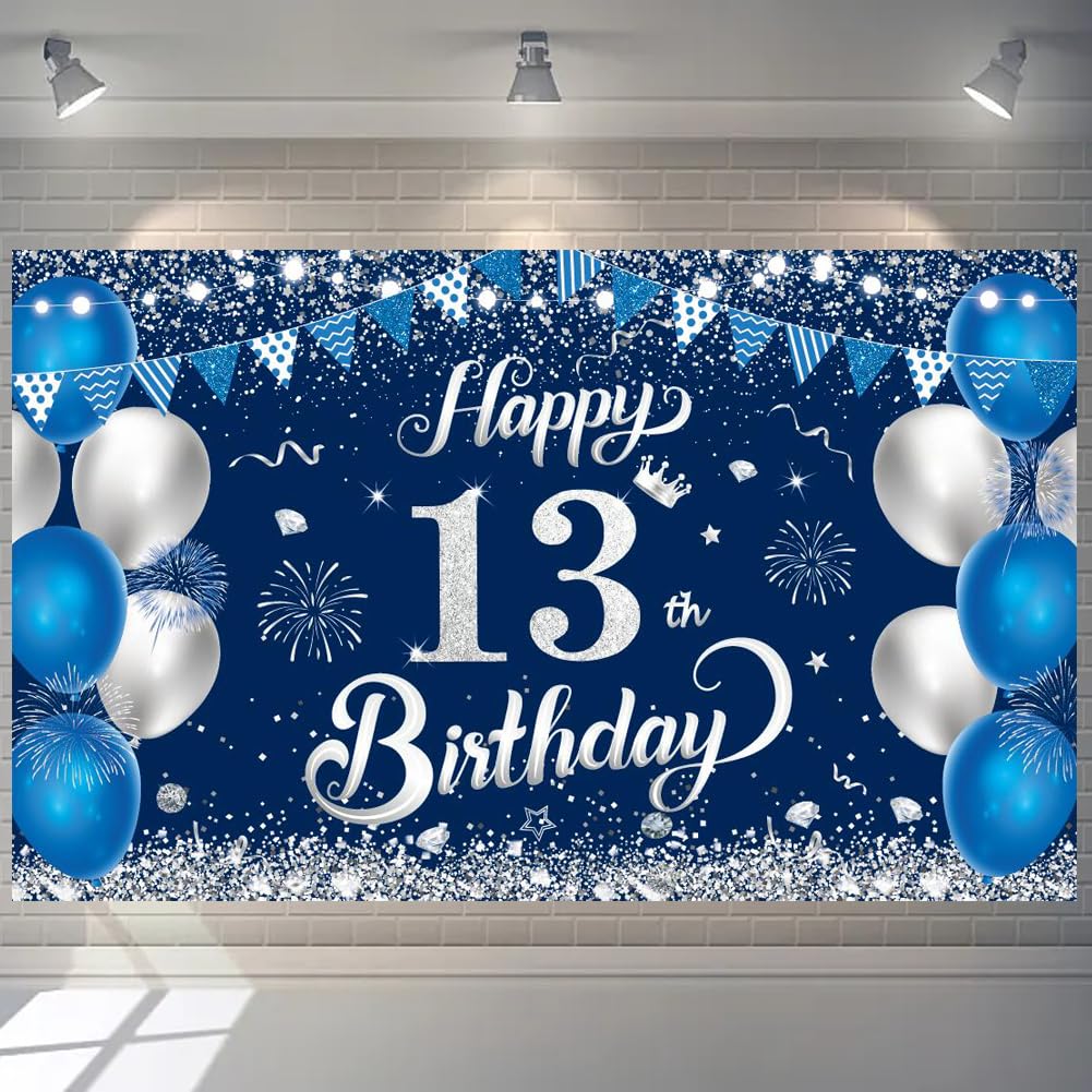 Happy 13th Birthday Banner, 1.1 x 1.8m Blue Silver 13th Birthday Decorations for Boys & Girls, Anniversary Party Supplies