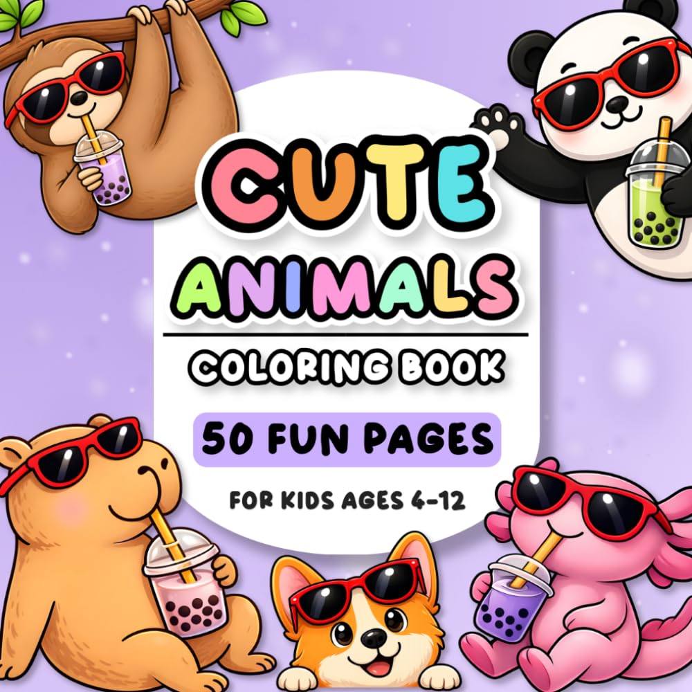 Cute Animals Coloring Book: 50 Adorable Kawaii Coloring Pages Featuring Capybara, Axolotl, Corgi, Sloth, & Panda for Kids, Teens & Adults