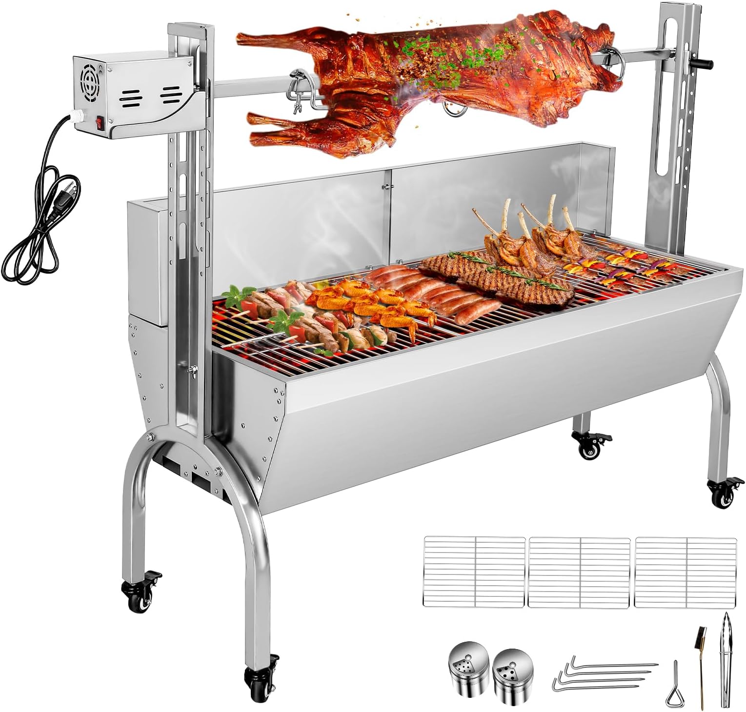 176LBS Rotisserie Grill Roaster with Back Cover Guard, 25W Motor Small Pig Lamb Rotisserie Roaster, 48.7 Inch Stainless Steel Charcoal Rotisserie Grill for Camping Outdoor BBQ