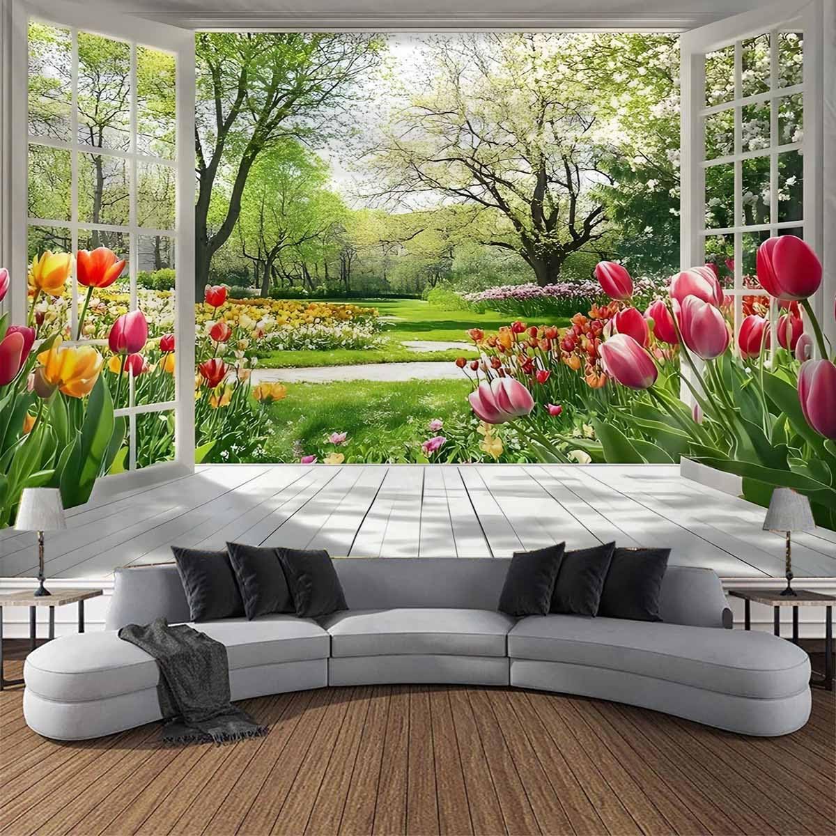 FENDROM Colorful Spring Flower Garden Tapestry Nature Floral Window View Tulip Yards Art Tapestries Poster Wall Hanging for Blanket College Dorm Home Decor