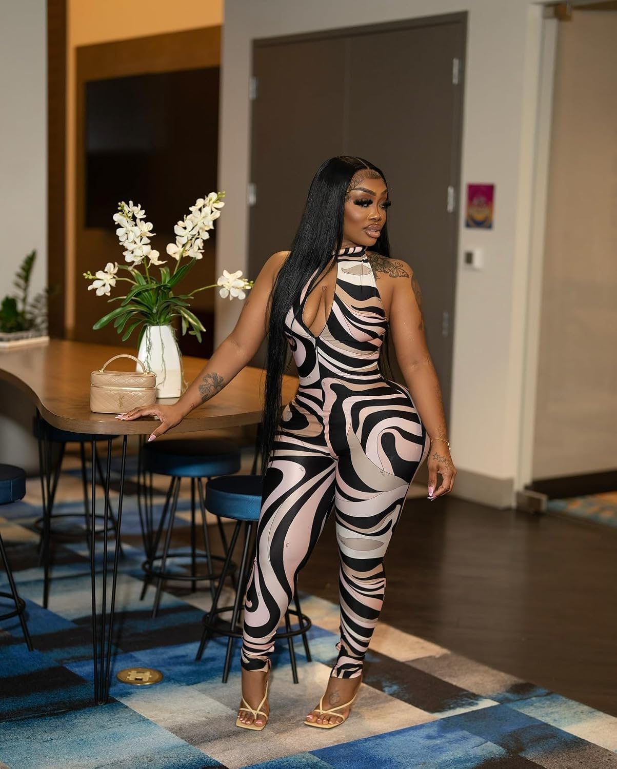 Sexy Jumpsuit for Women Zebra Print Hollow Striped Romper Trendy Bodycon Club Outfits