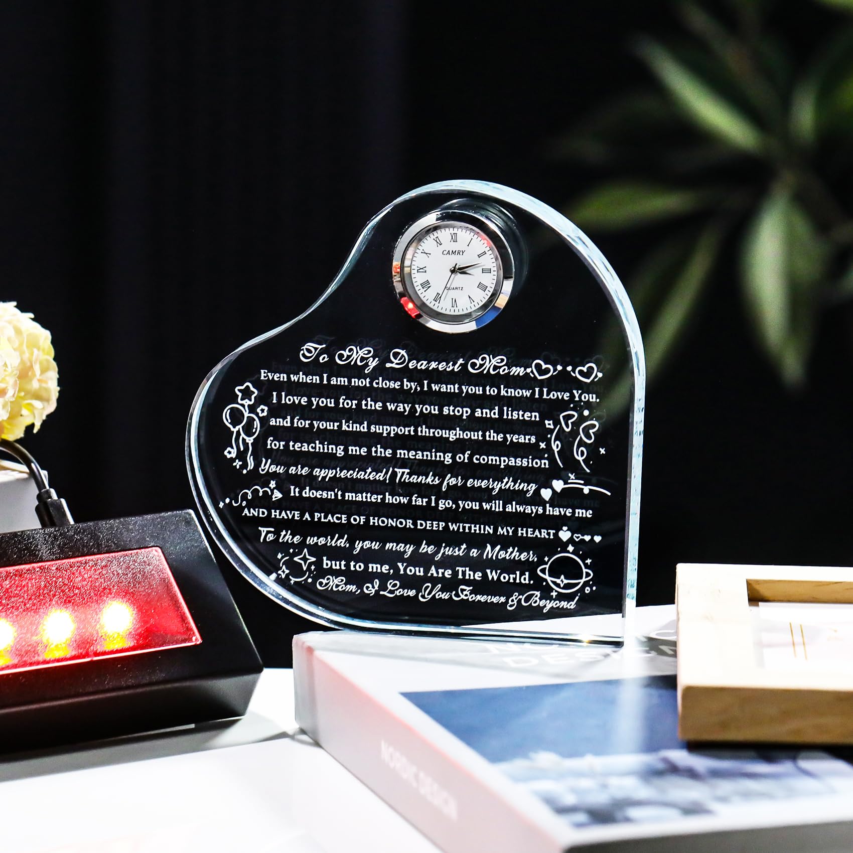 YWHL Cadeau d'anniversaire pour maman de la part de sa fille et de son fils, cadeau unique en forme de cœur pour ma mère avec base LED colorée pour Thanksgiving, Noël, Saint-Valentin, fête des mères