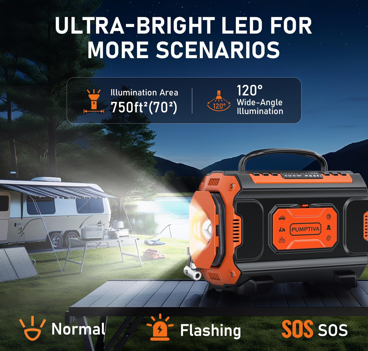 Pumptiva CZK-8611 showing its ultra-bright LED light with normal, flashing, and SOS modes