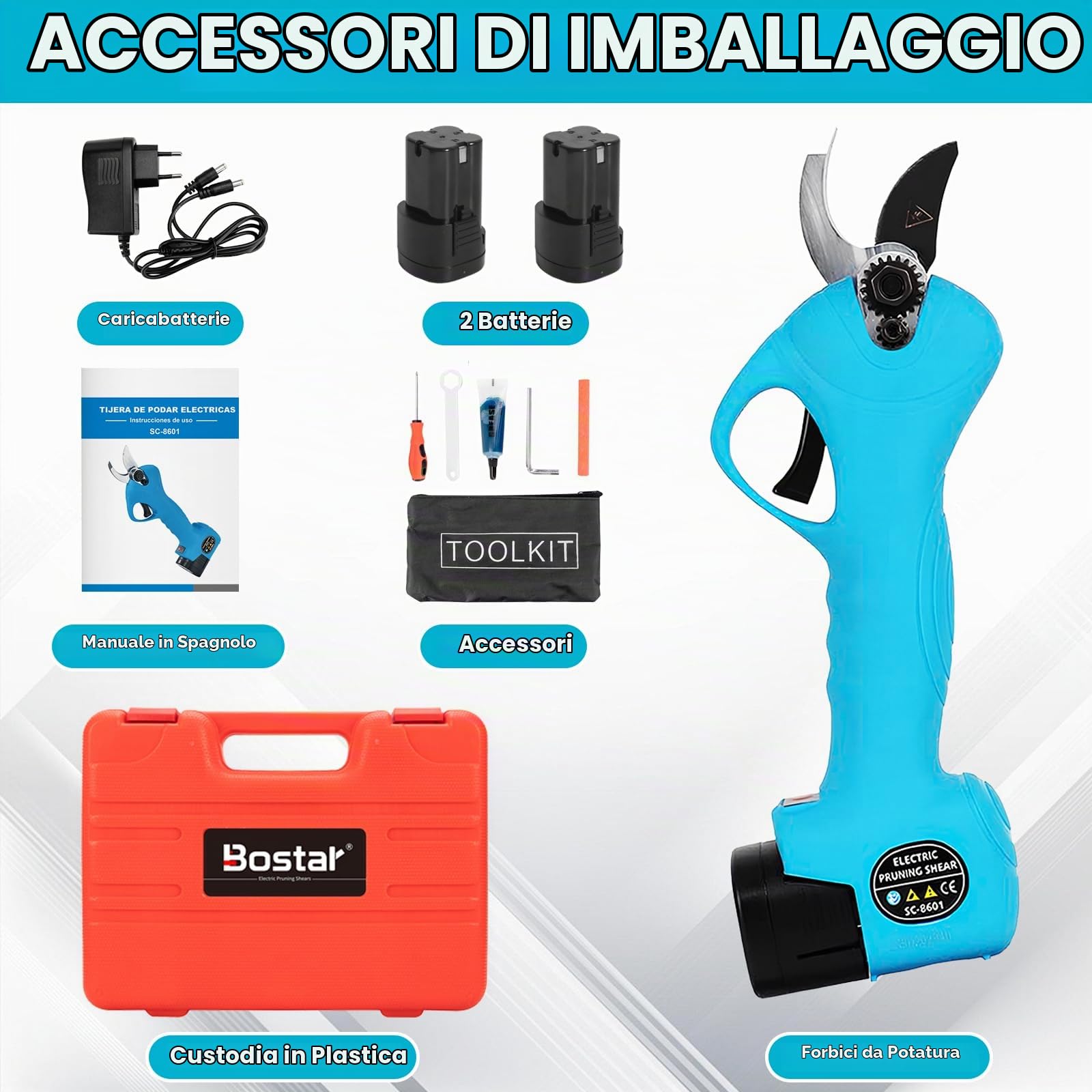 Bostar Forbici da potatura Elettriche Taglierina elettrica senza fili professionale 16,8 V forte lama in acciaio entro 25 mm per alberi da giardino (blu)