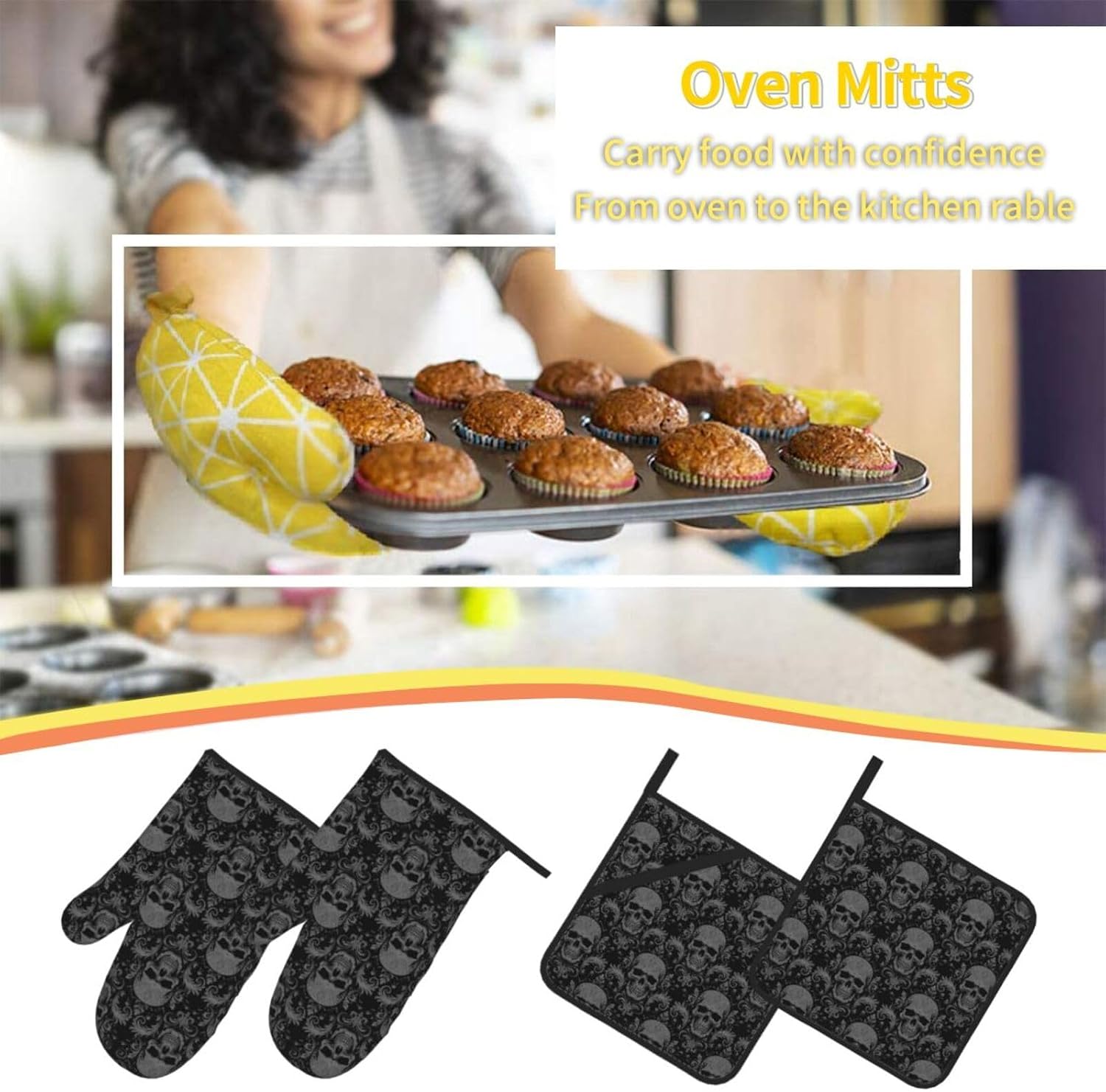 Gothic Skull Black Oven Mitts and Pot Holders Set of 4, Heat Resistant Non-Slip Kitchen Gloves and Hot Pads for Cooking Baking BBQ