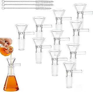 MIUXRZ 10 Pack 14mm Glass Funnels with Handle & 3 Brushes - Clear Borosilicate for Kitchen Lab Oils Powders