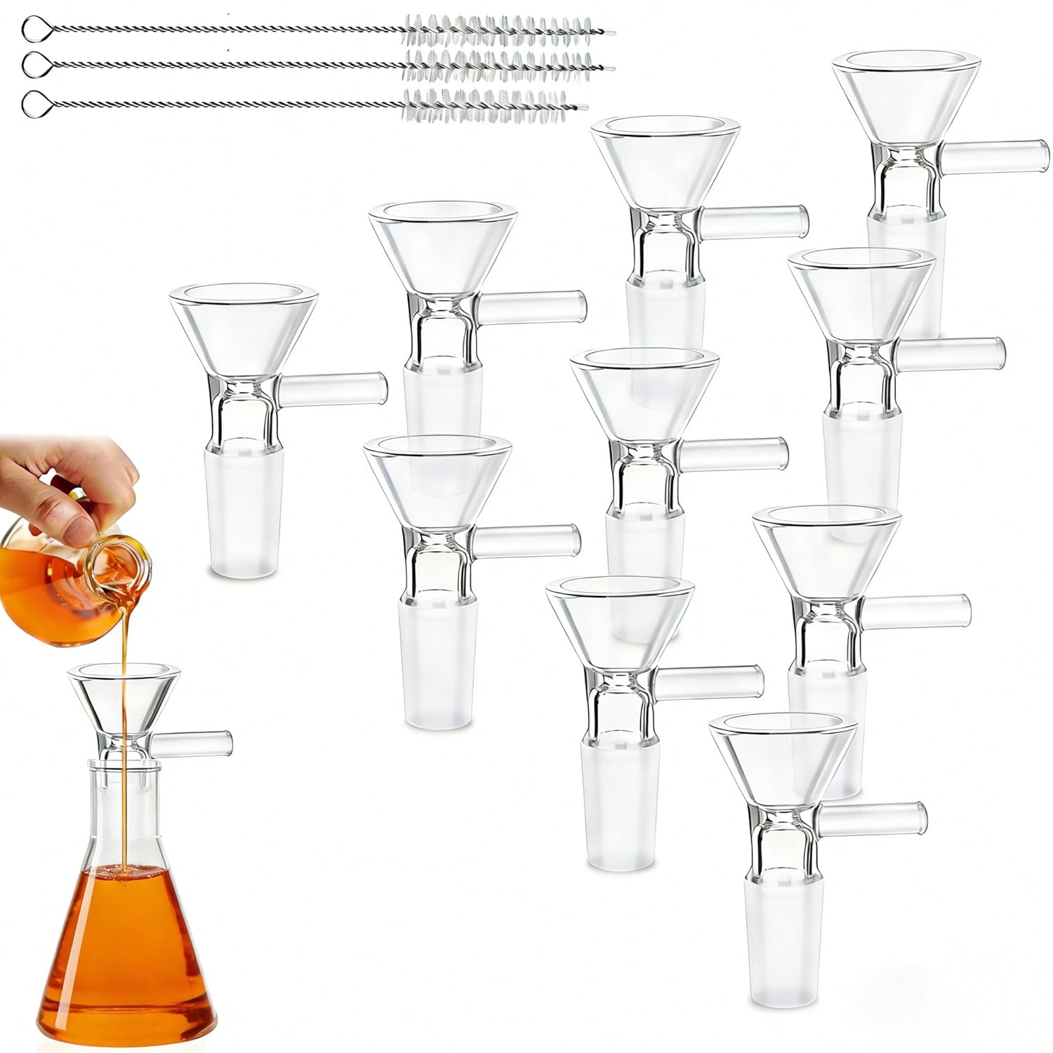 MIUXRZ 10 Pack 14mm Glass Funnels with Handle & 3 Brushes - Clear Borosilicate for Kitchen Lab Oils Powders