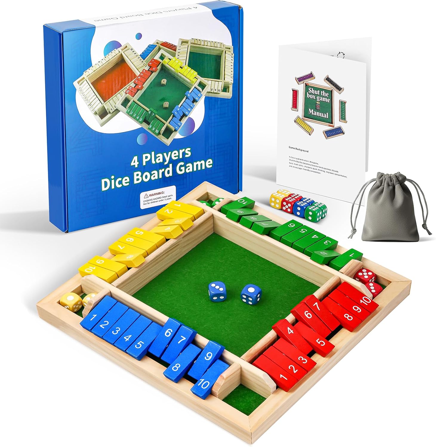 Shut The Box Game Wooden Board Dice Game, 2-4 Players Table Math Games for Kids and Adults, Fun Family Game Night Classroom Home Party or Pub Strategy Games