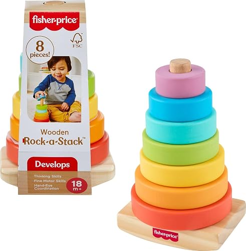 Fisher-Price Wood Toddler Toy Rock-a-Stack, 8-Piece Wooden Ring Stacking Activity