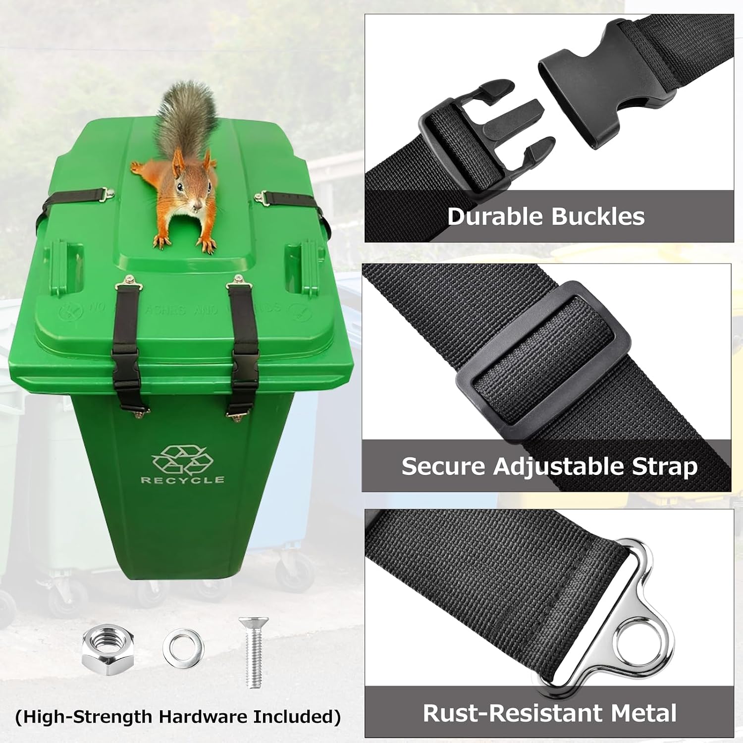 Azarxis Trash Can Locks for Animals, Bear Proof Garbage Can Lid Lock with Adjustable Bungee Cord and Zinc Alloy Stud, Heavy Duty Raccoon Proof Strap for 28-100 Gallon Outdoor Bins