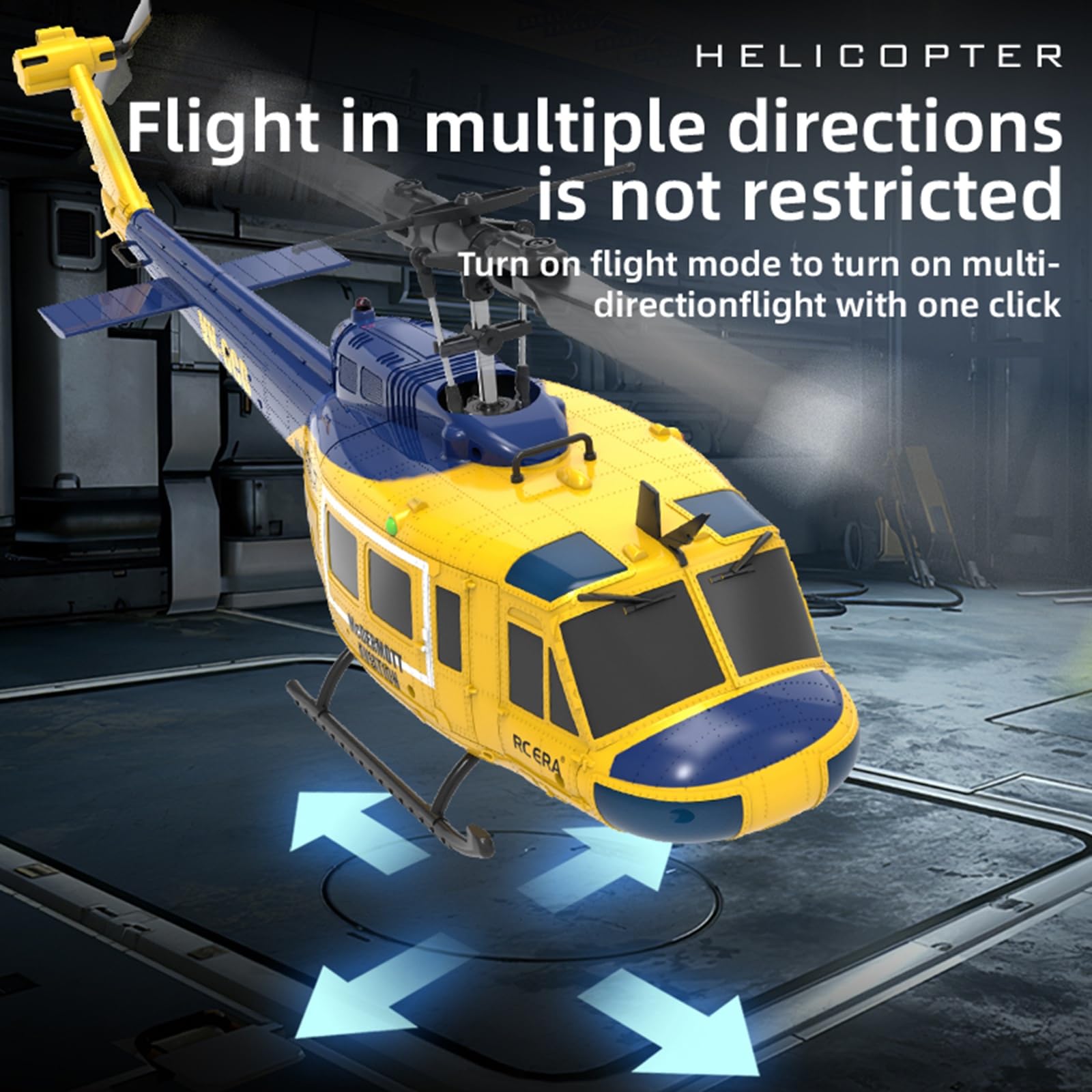C032 UH-1 Huey Elicottero telecomandato, 1/48 Scala Flybarless Stunts RC Elicottero per adulti con 2 batterie Posizionamento del flusso ottico Regalo per gli appassionati militari RTF(Yellow)