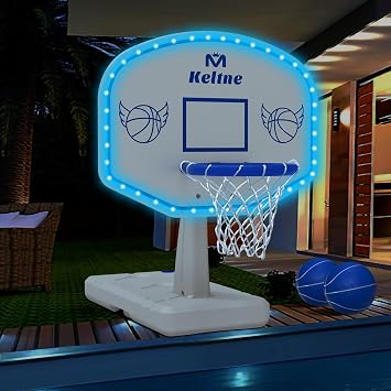 Solar Pool Basketball Hoop with Lights, 34"x34"x42.2" Oversized Swimming Pool Toys with 2 Balls/Pump for Poolside Water Basketball Game, High Brightness LED Poolside Basketball Hoop for Kids & Adults