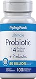 Piping Rock Probiotic and Prebiotic for Women and Men | 50 Billion CFU | 100 Capsules | Ultimate 14 Strain Supplement | Vegetarian, Non-GMO, Gluten Free