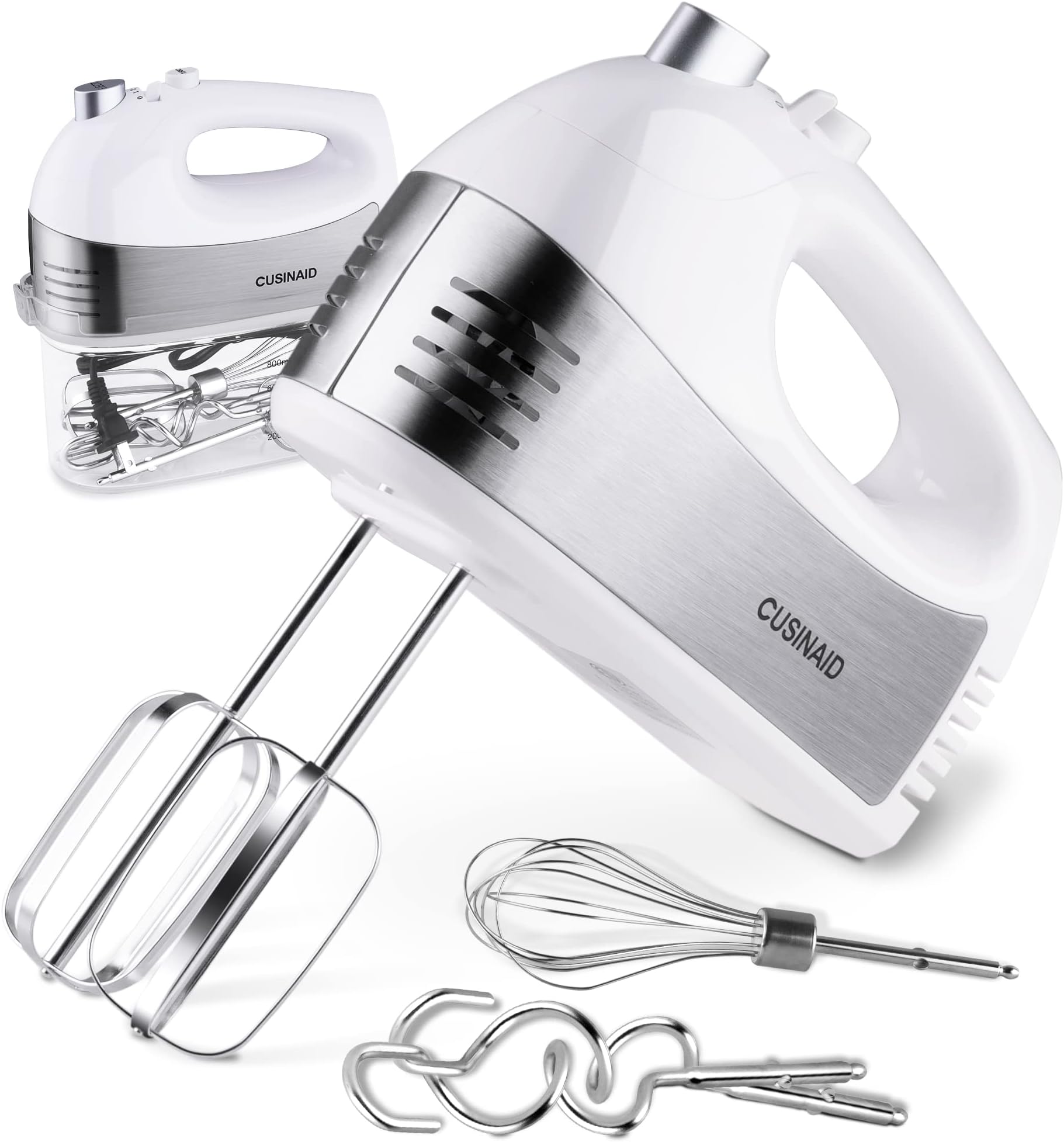 Hand Mixer Electric, CUSINAID 5-Speed Hand Mixer with Turbo Handheld Kitchen Mixer Includes Beaters, Dough Hooks and Storage Case, White