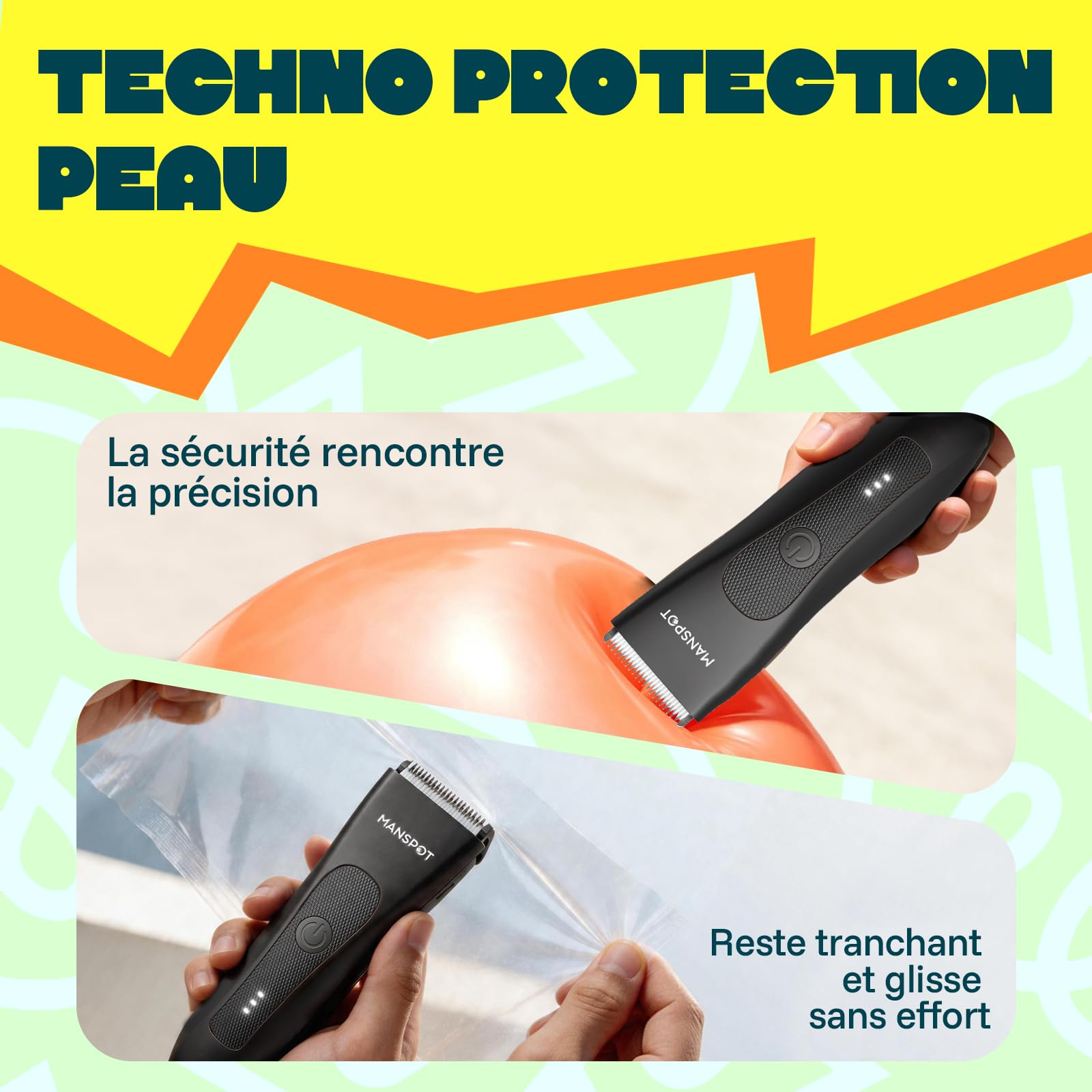 MANSPOT Tondeuse Intime Homme Étanche IPX7 Lame Céramique Hypoallergénique Rasoir Corps Barbe 4 Sabots