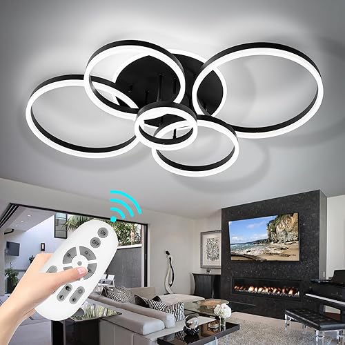 Lámpara de Techo Moderna, 39.4'' Regulable 145W LED Negra Empotrada Luces de Techo con Control Remoto 5+1 Anillos Accesorio de Lámpara de Techo