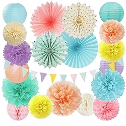 Pastel Rainbow Party-Decorations - 20pcs Pink Yellow Blue Classroom Ceiling Paper Lanterns Fans ,Girl Birthday Tissue Pom Poms,Honeycomb Balls,Bunting,Baby Shower Bridal Wedding Decor Burgleda