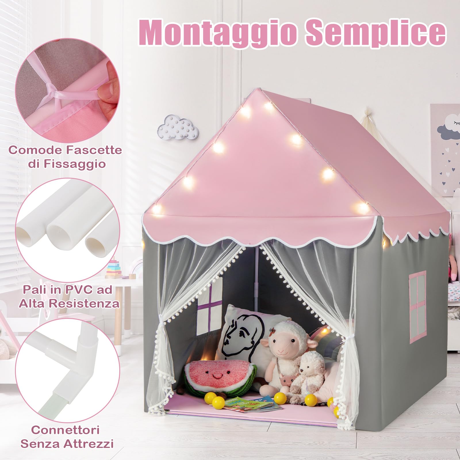 COSTWAY Tenda da Gioco per Bambini, Tenda Castello con Tappetino Lavabile, Luci a Forma di Stella, per Interno ed Esterno, 105 x 121 x 136 cm (Stile 2 Rosa)