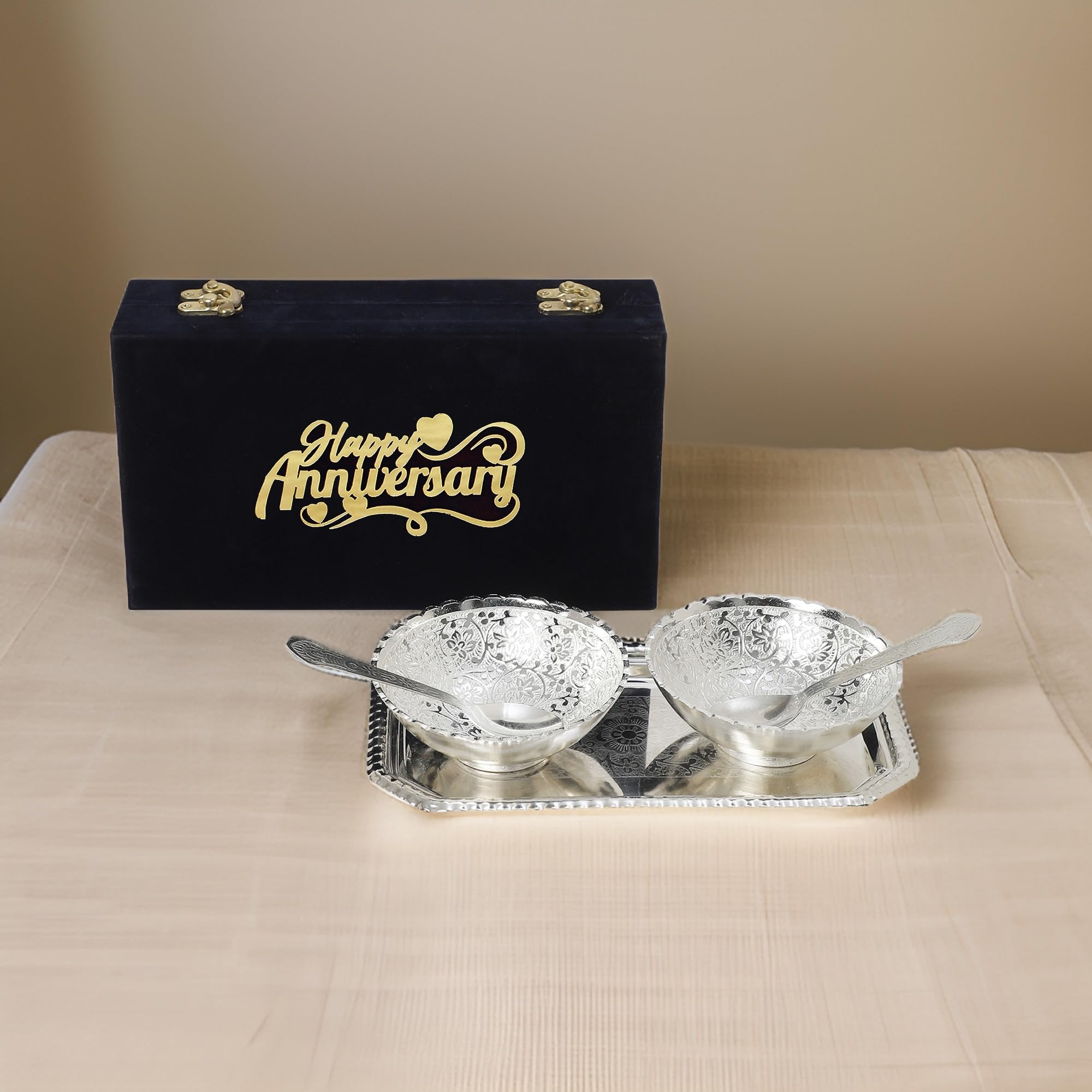 INTERNATIONAL GIFTGerman Silver Lotus Bowl Spoon Tray Or Carry Bag with Happy Anniversary Customized Box (IG-Round/S-Anniversary)