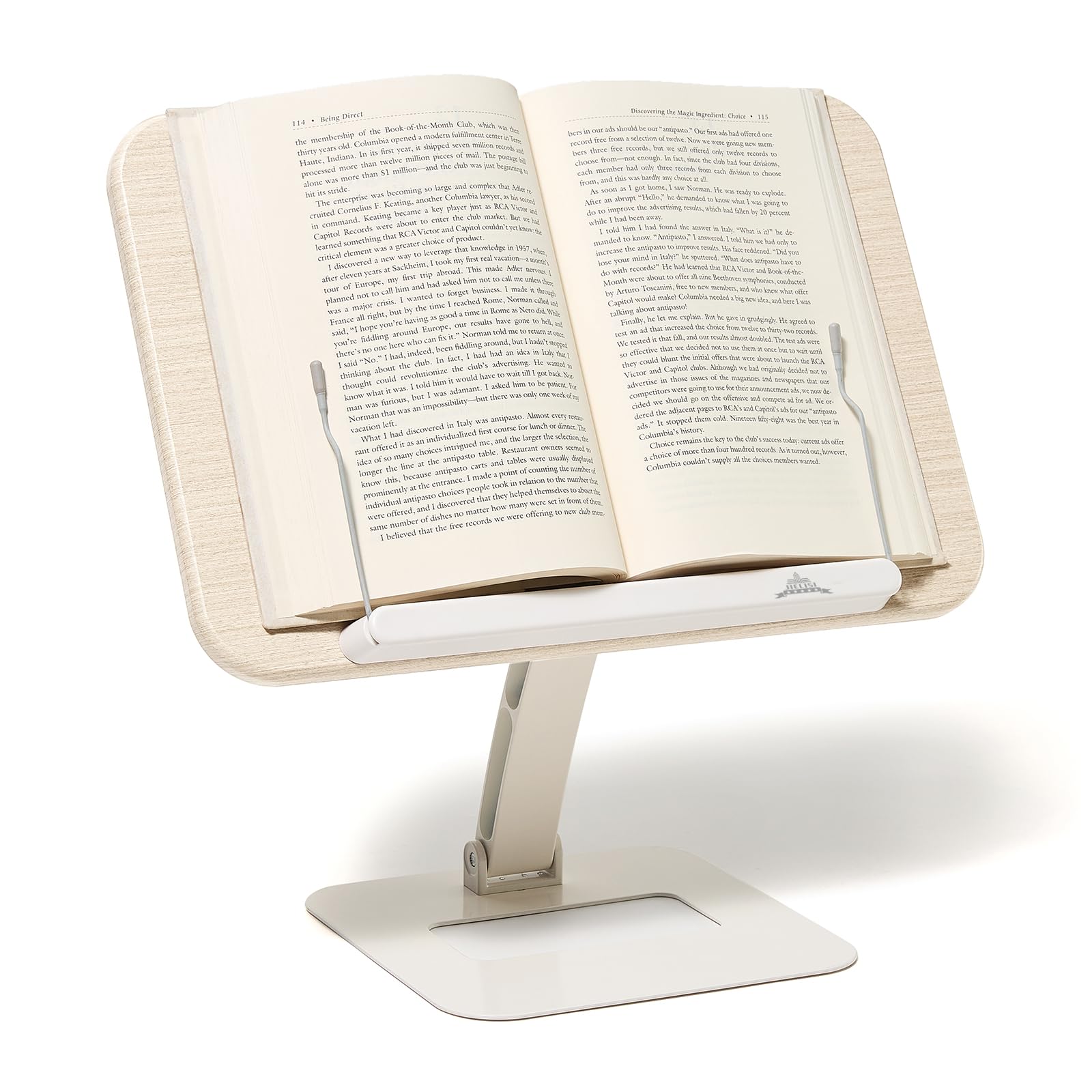 Soporte de libro para leer, soporte ajustable para libros de recetas de cocina con base de metal, soporte de lectura de madera con clips elásticos para páginas, soporte plegable para libros de