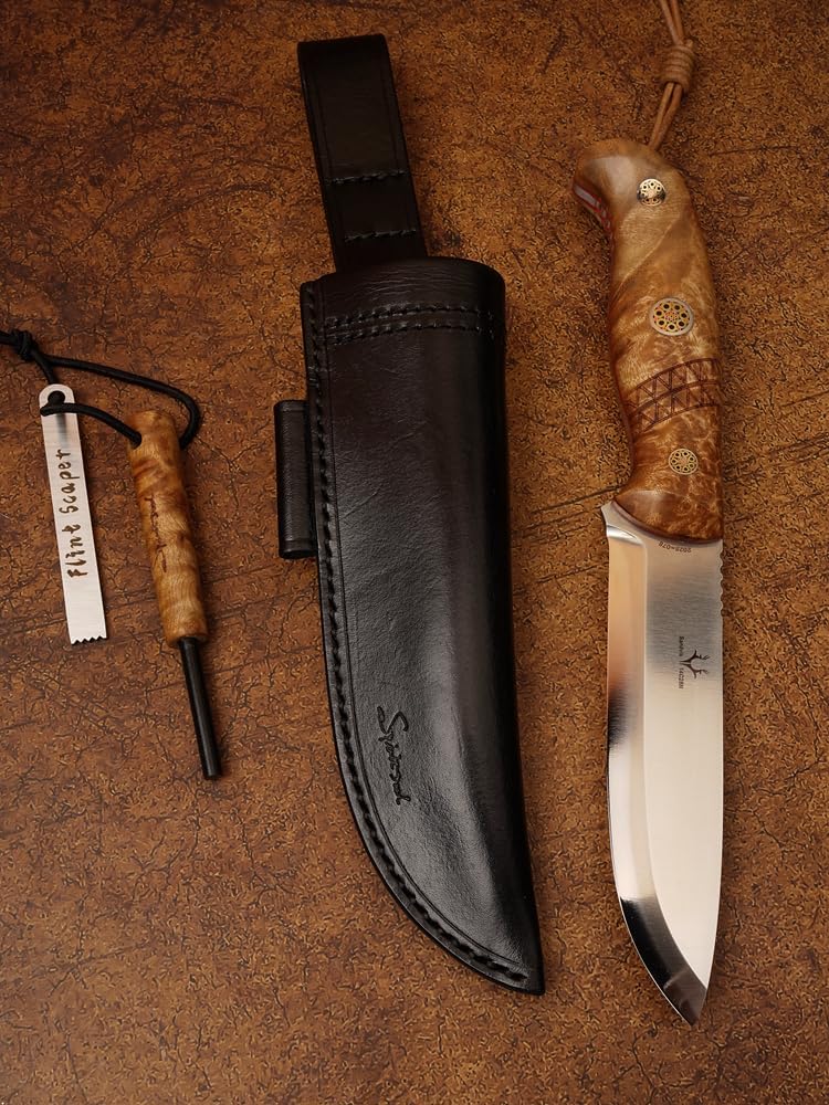 outdoor survival fixed blade camping with Fire Starter, Sandvik 14C28N steel blade with leather cover, suitable for outdoor hunting and hiking