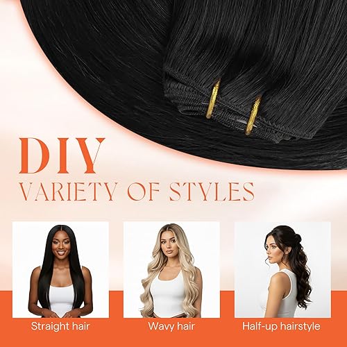 Miniatura 8 de Sunny Hair - Extensiones de clip de cabello humano lacio - color negro (Off Black) - 24 pulgadas, 7 unidades, 4.23 onzas