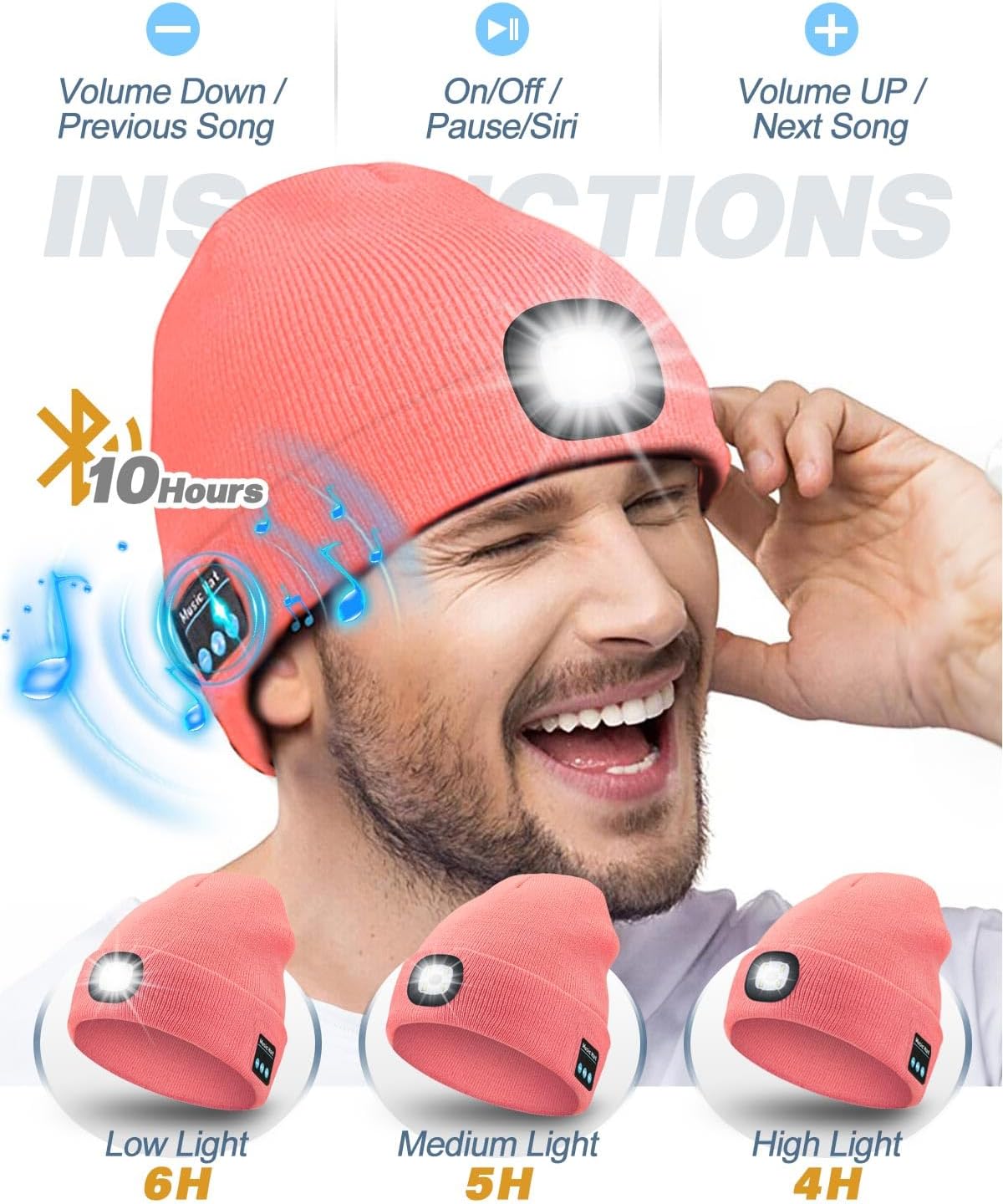 Bluetooth Beanie with Light, USB Rechargeable LED Headlamp Winter Hat, Men Women Valentine's Day Gifts - Image 3