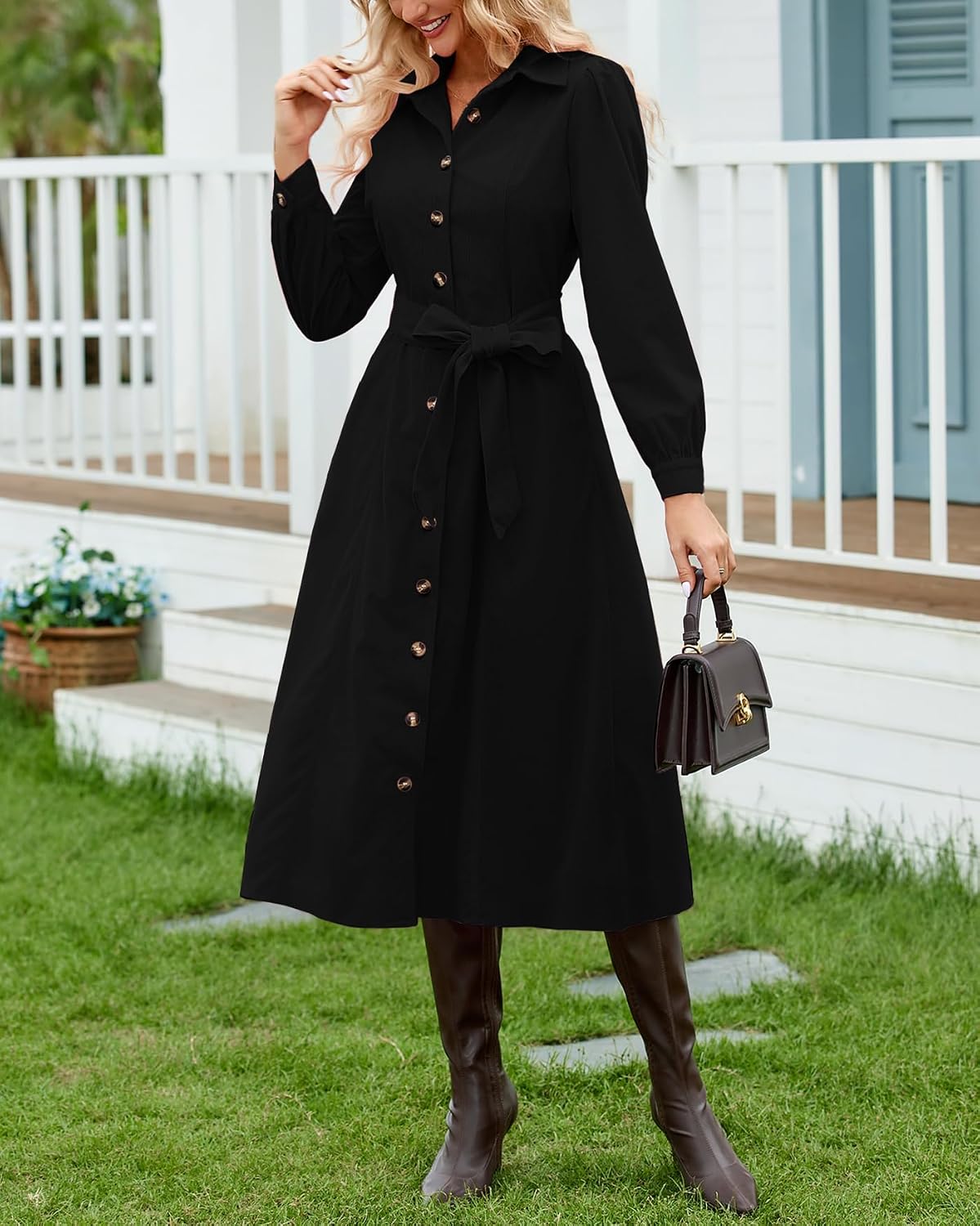 YEXPINE Women's Corduroy Maxi Dress Button Down Shirt Dress with Belt image 4