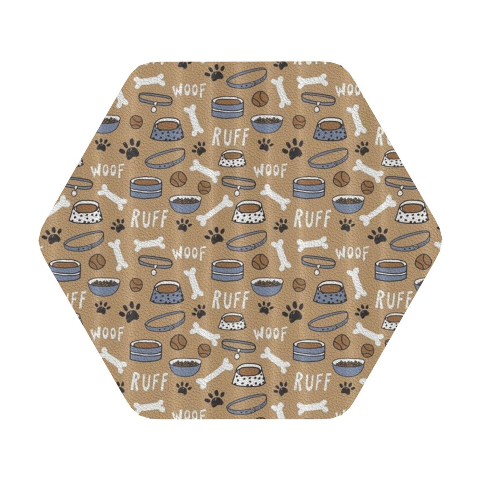 Cute Dog Bone Bowl Woof Paw PU Leather Coasters Set of 6 Hexagon Drink Coasters
