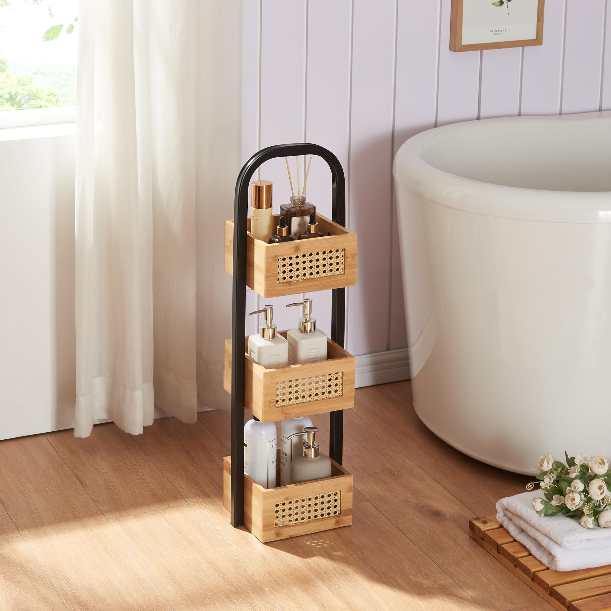 [en.casa] Estantería para Baño Tervola con 3 Cestas Mueble Baño Estantería de Pie Cocina Multiusos Versátil Resistente Metal/Bambú 73x23x19 cm - Negro/Efecto Ratán