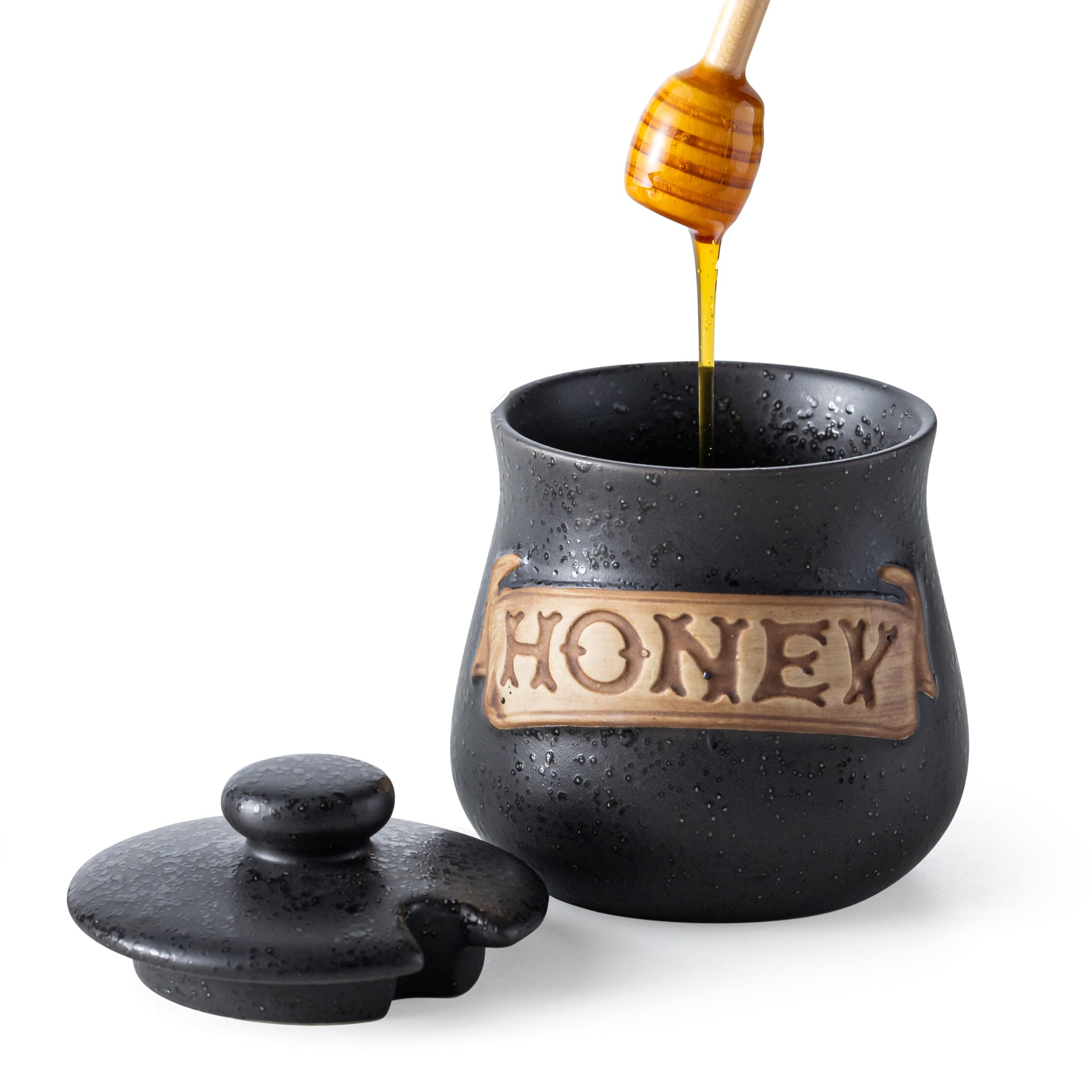 12OZ Honey Jar with Dipper and Lid, Ceramic Honey Pot Container, Large Honey Jars Dispenser – Multi-Use for Chocolate Syrup/Agave, Fits Farmhouse Kitchens & Dinner Parties Gifts, Black