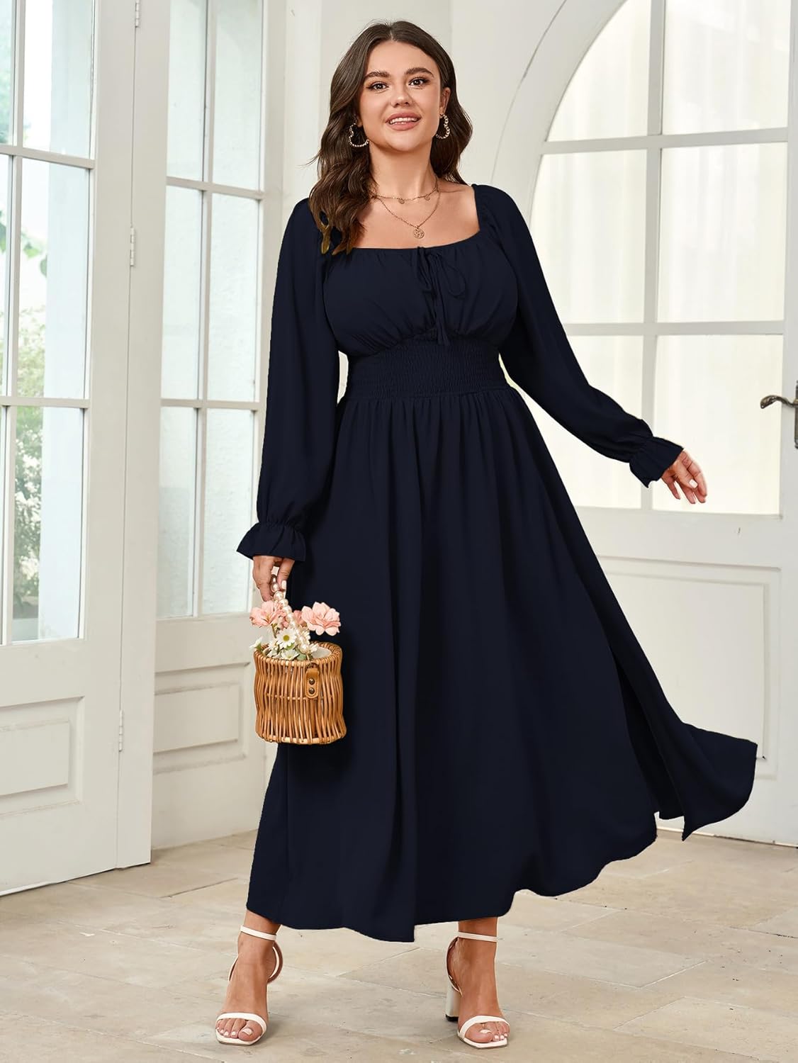Women's Plus Size Dress Long Sleeve Smocked Dress Square Neck Tie Front Split A-Line Maxi Long Dresses - Image 4