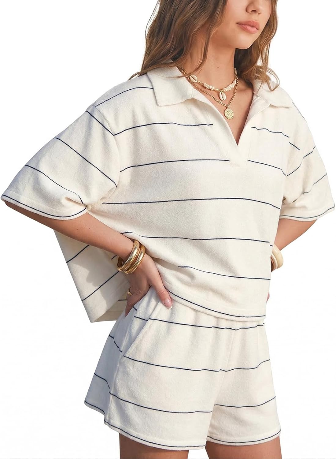EXLURA Women Summer 2 Piece Outfits Faux Cashmere Sweater Knit Oversized Polo V Neck Top Matching Shorts Vacation Lounge Sets