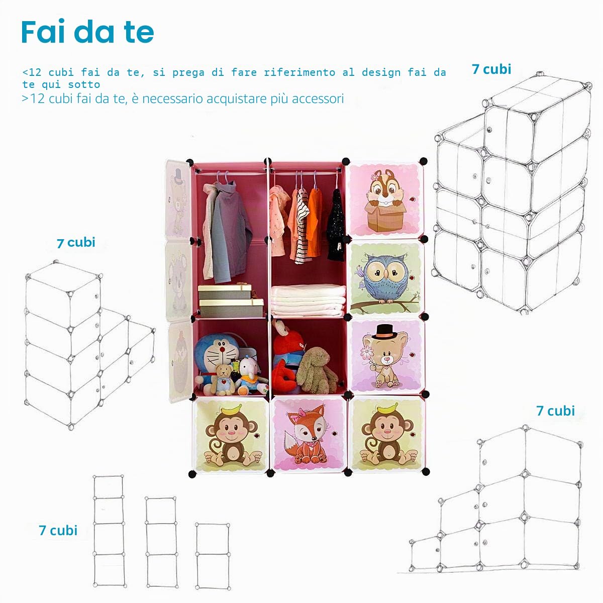 BRIAN & DANY Armadio Modulare Bambini, Portatile Guardaroba, Armadietto in Moduli Plastici, 8 Cubo e 2 Aree di Sospensione, Rosa, 110 x 47 x 147 cm