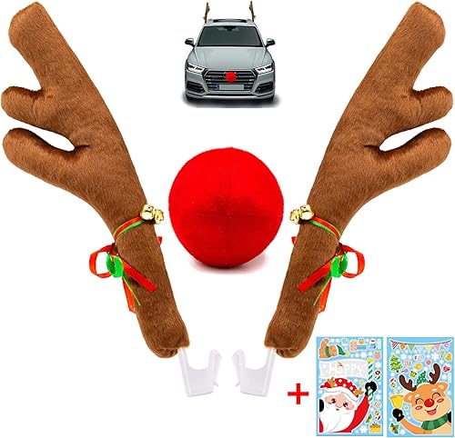 HUGETIGE Cornamentas de automóvil de renos de alta calidad, nariz y calcomanías, juego de rodolfos, decoración de Navidad de reno, accesorios para