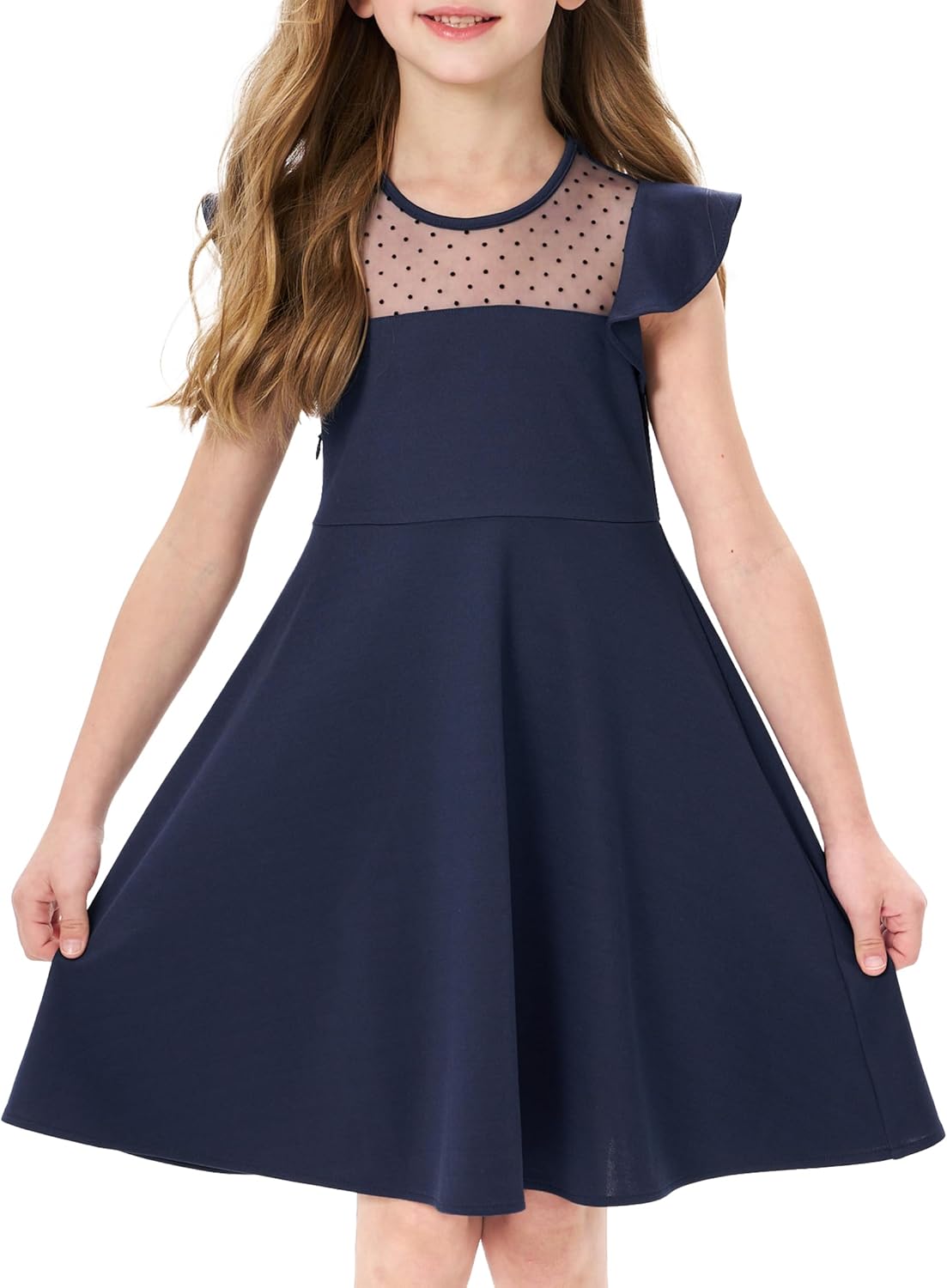 Girls Dress Summer Ruffle Sleeves Crewneck Polka Dot Mesh A Line Casual Party Dresses