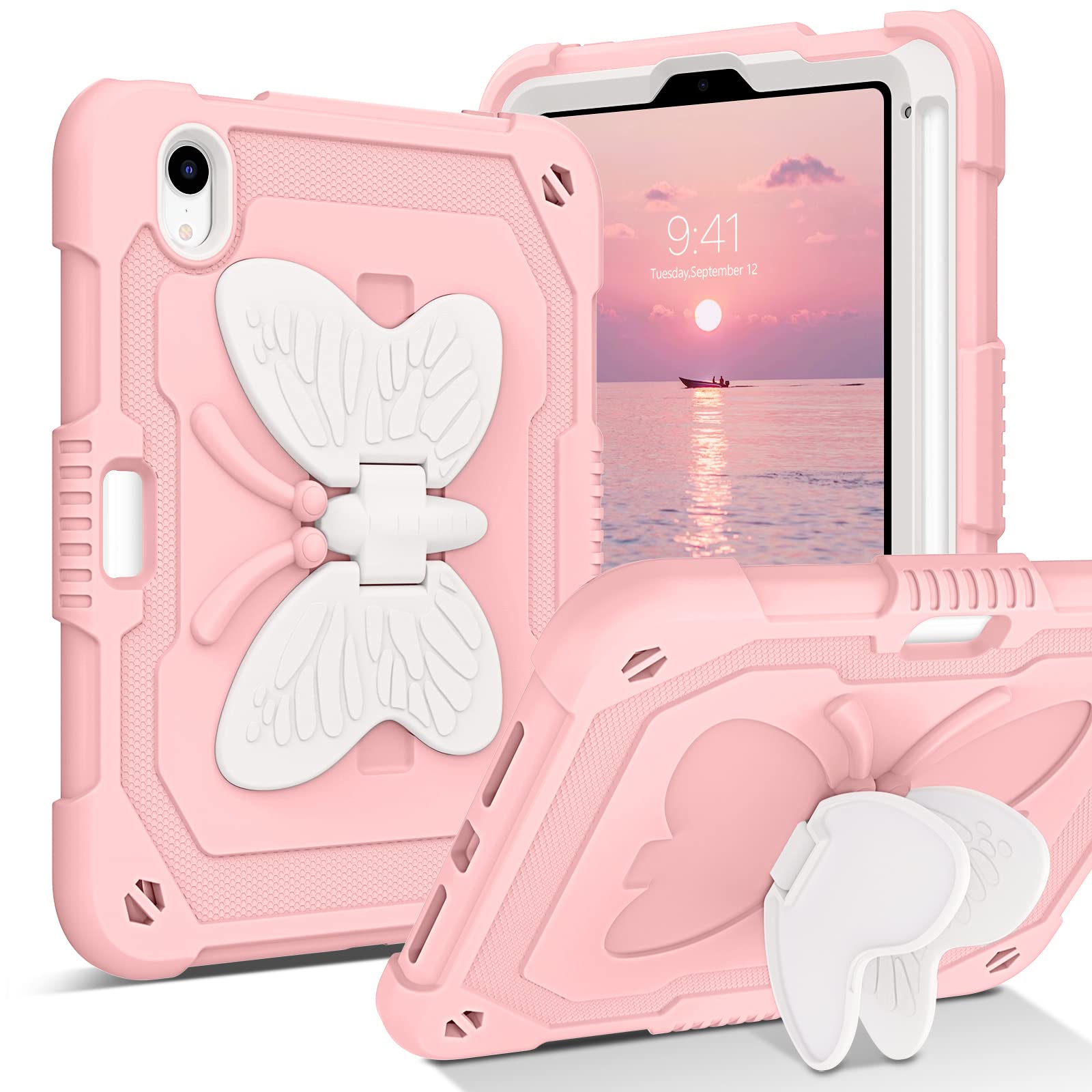 DUEDUE Case for iPad mini 7 (A17 Pro) 2024,iPad mini 6 Case 2021, Butterfly Wings Kickstand with Pencil Holder Shockproof Protective Tablet Case for
