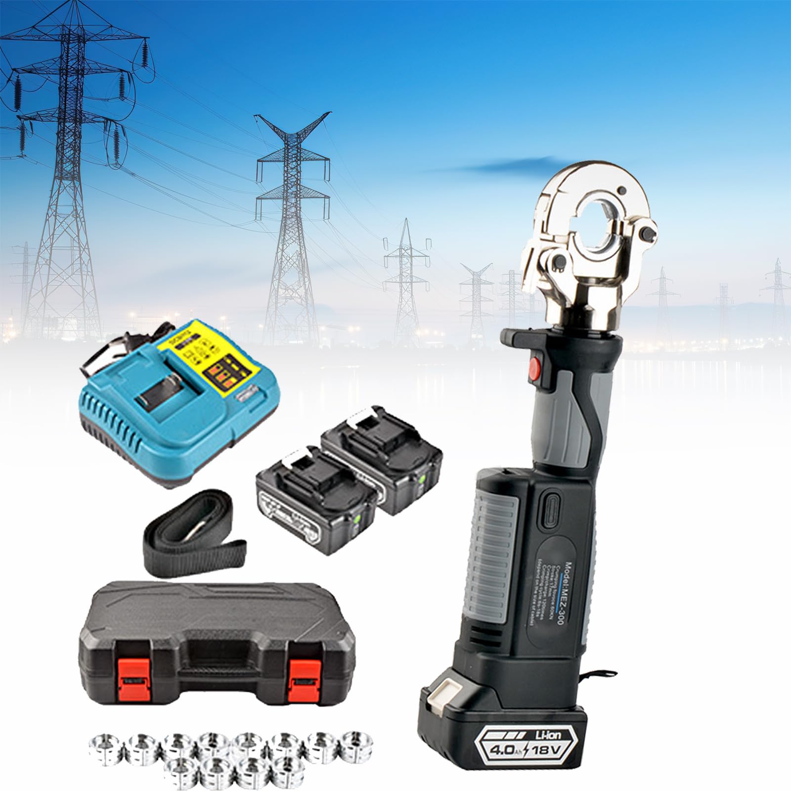 Cnaohghn Black Rechargeable Hydraulic Crimping Pliers, Hydraulic Cable Lug Crimping Tool,Mold Range 10-300Mm2,With 12 Dies And 2 Pcs 4.0Ah Lithium Batteries,For Terminating Copper/Aluminum Lugs Terminals