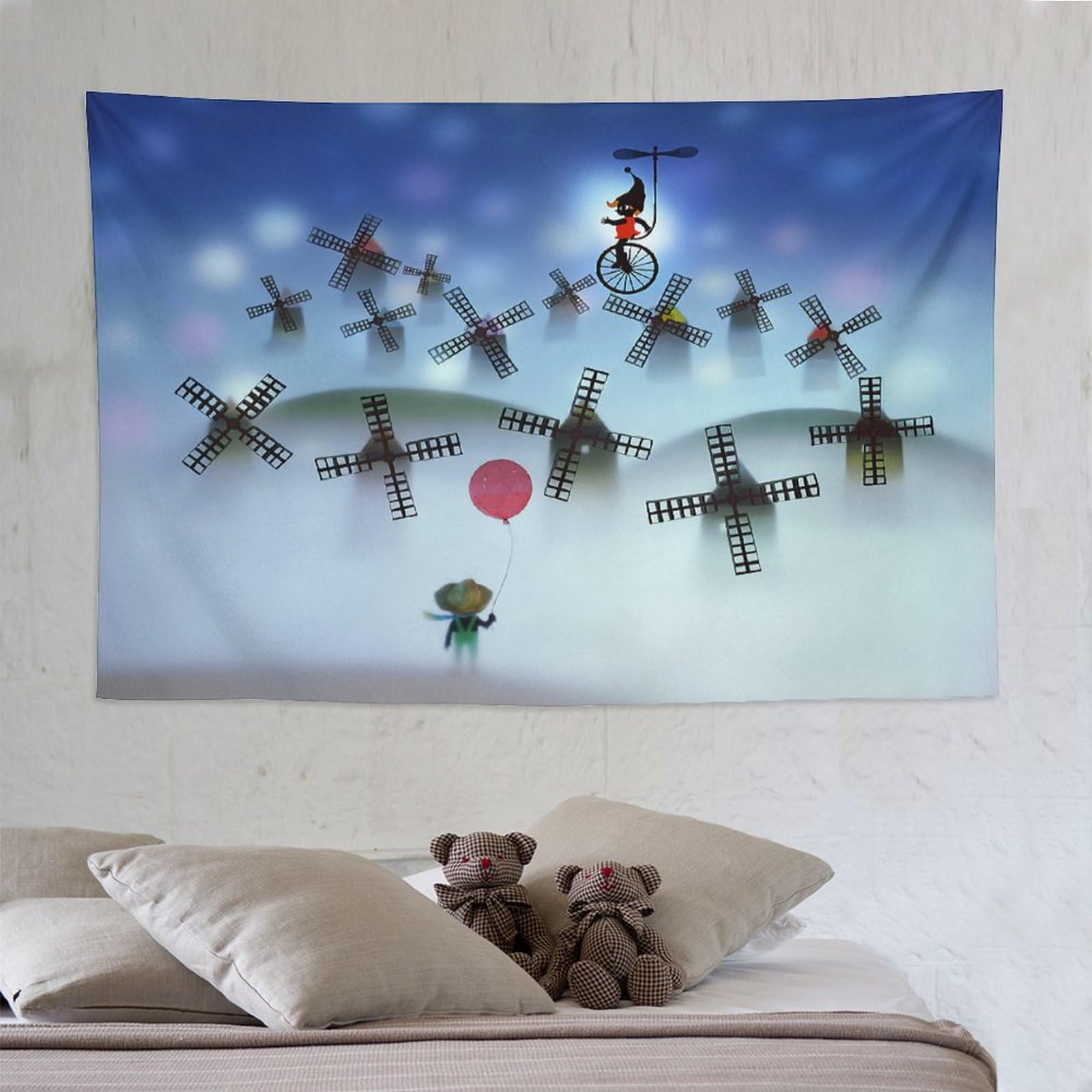 Amazon.co.jp: 藤城清治 空とぶこびとと風車 タペストリー 毛布