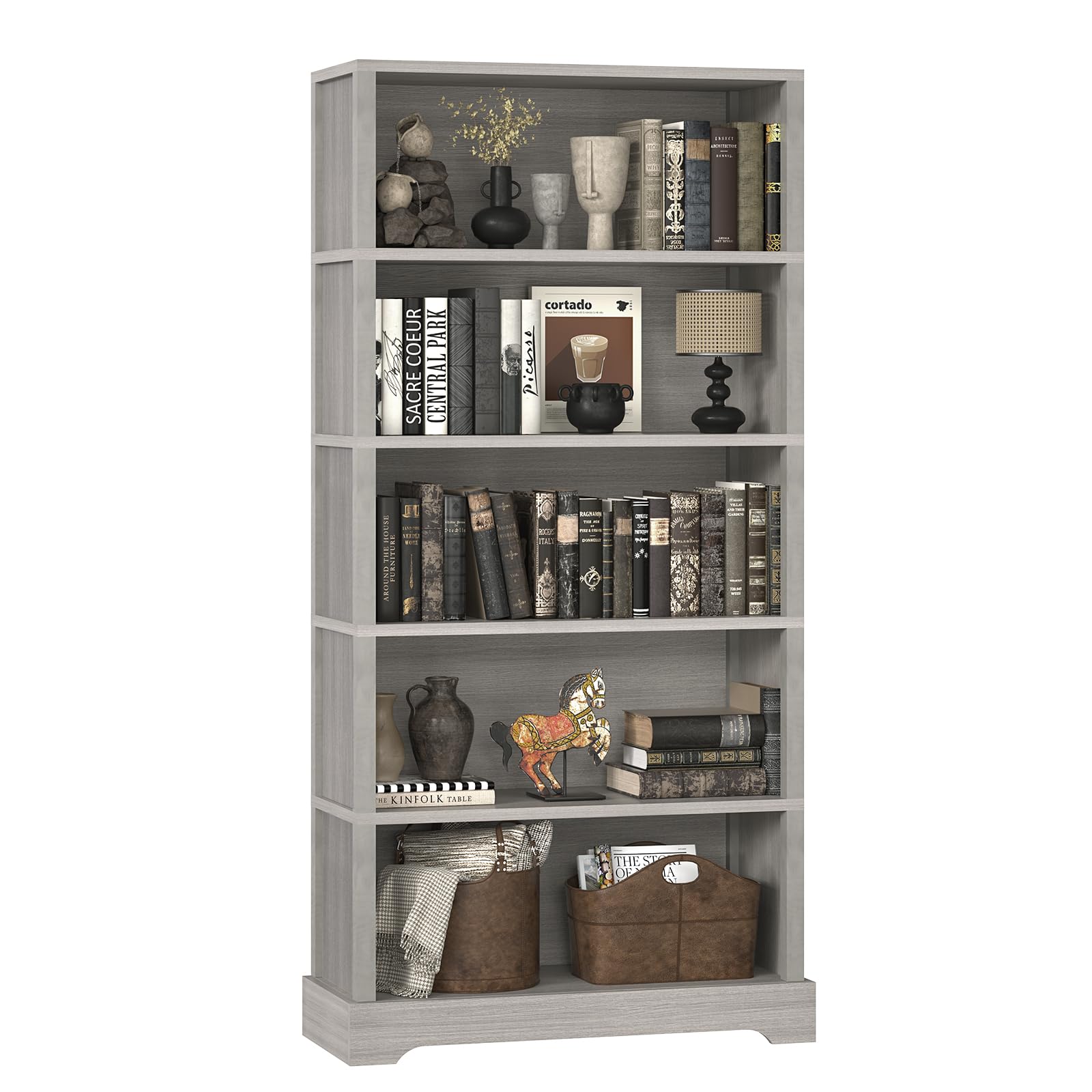 TVU 5-Tier Wooden Bookshelf, 65" Tall Farmhouse Style Open Bookcase, 31.5" W Standing Book Shelf with Storage, Suitable for Study, Living Room, Office, Grey
