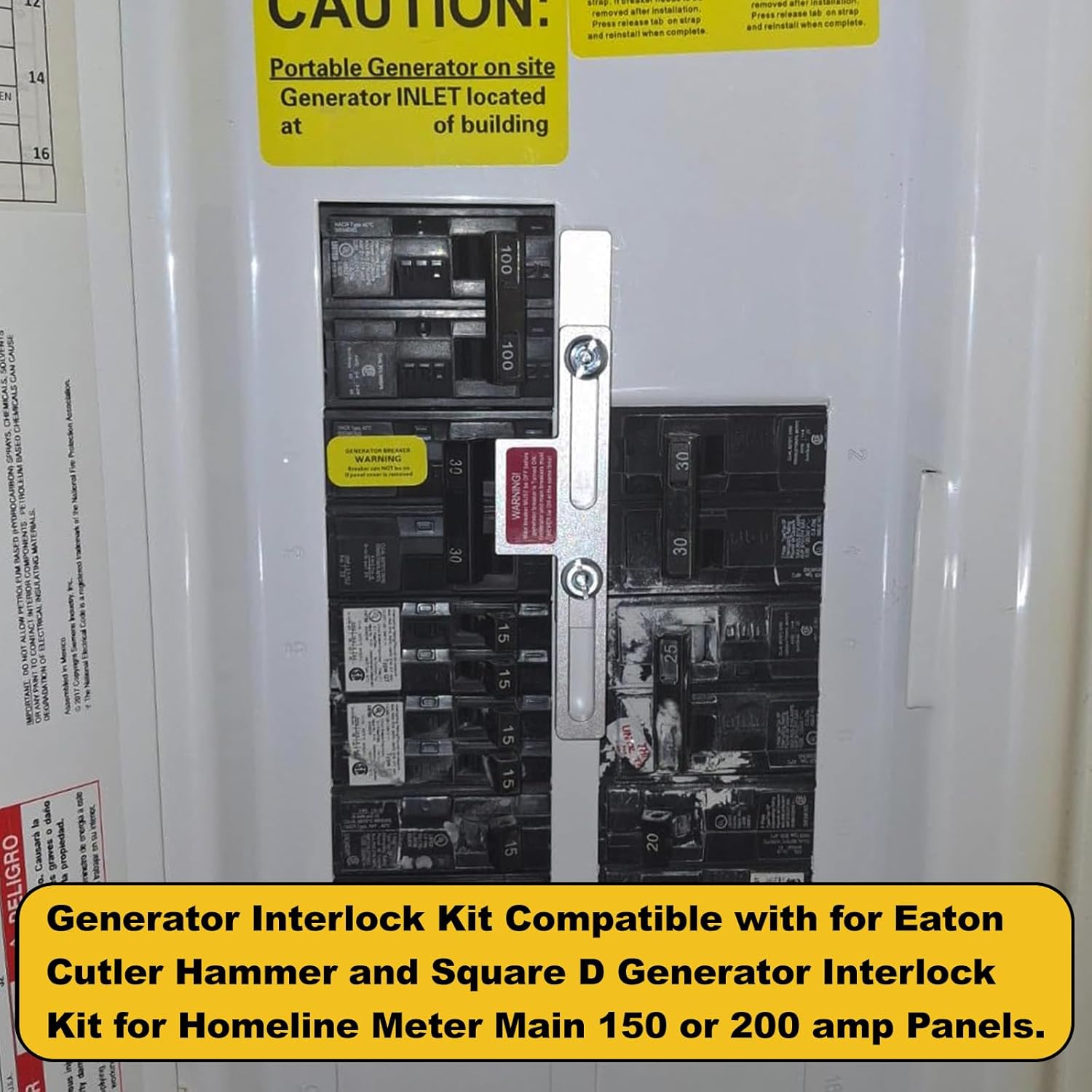 Generator Interlock Kit Compatible for Eaton Cutler Hammer and Square D Homeline Meter Main 150 or 200 amp Breaker, Adjacent Main and Generator Breakers, For Safe Usage of Portable Power During Outage