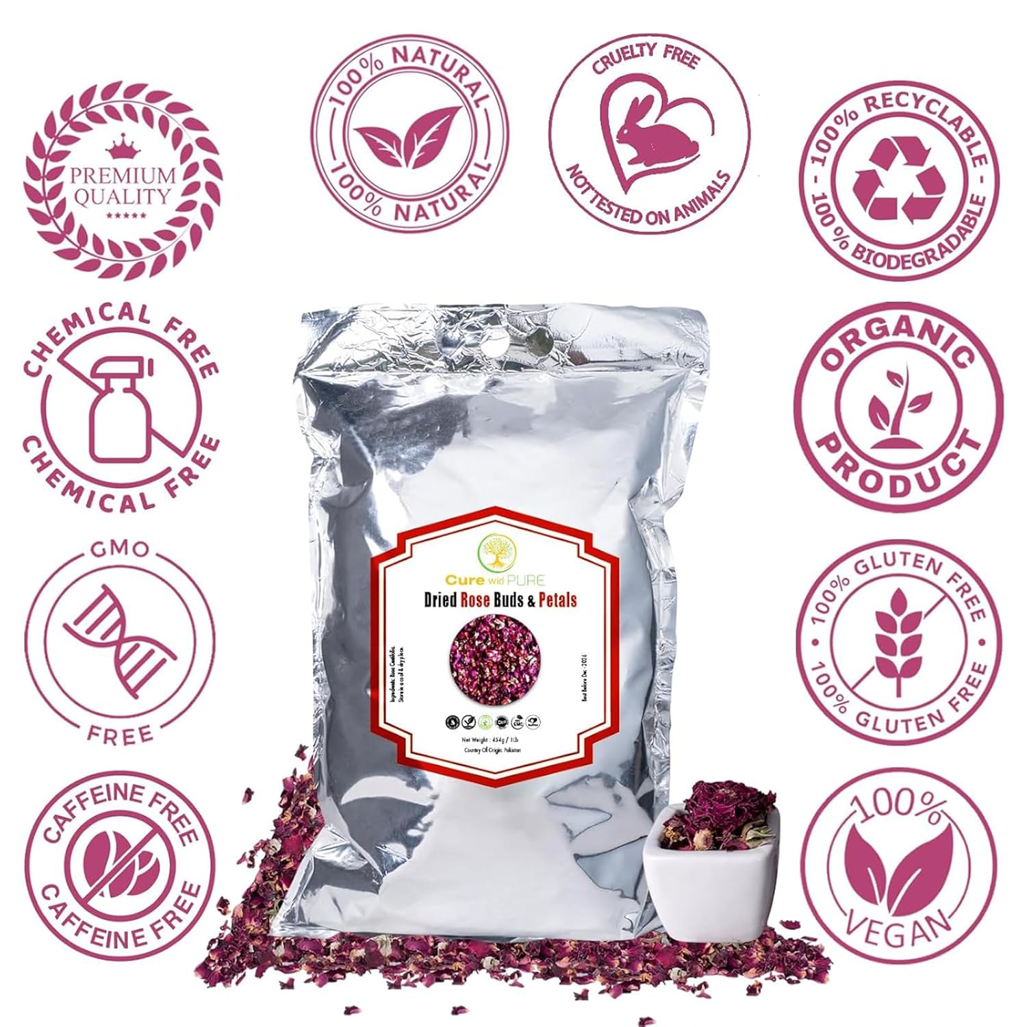 Cure With Pure Dried Rose Buds & Dried Rose Petals 1LB Edible Rosebuds & Dried Roses For Tea, Baking, Relaxing Bath, Rose Water, & Potpourri Handpicked, Preservative Free Edible Dry Rose Petals