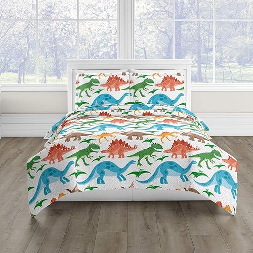 Home & Main - Juego de edredón y fundas de almohada reversibles de felpa para niños de 3 piezas (tamaño matrimonial  Queen, dinosaurio dinosaurio)