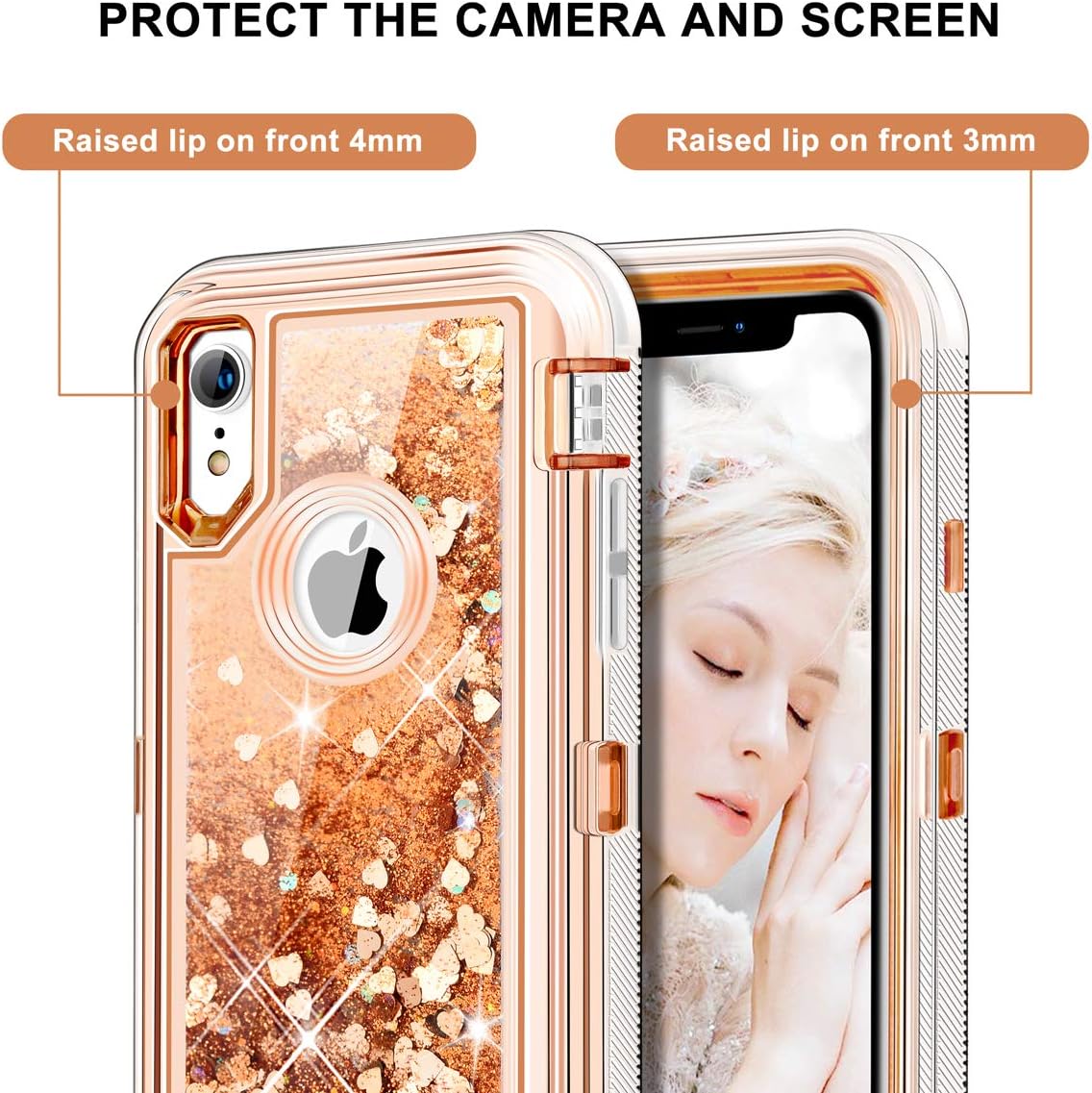 Caka iPhone XR Case, iPhone XR Glitter Case Protective Series Girly Fashion Luxury Bling Flowing Liquid Floating Sparkle Glitter Cute Full Body Rugged Hybrid Bumper Case for iPhone XR (Gold)