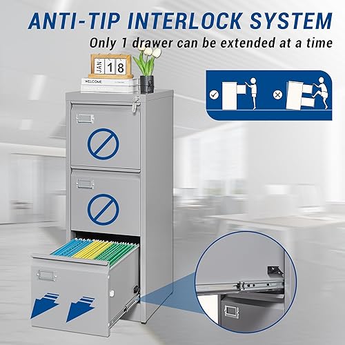 Miniatura 7 de Fesbos Archivadores verticales de 3 cajones  Archivador de 17.8 pulgadas de profundidad con cerradura  Armarios de almacenamiento de metal para