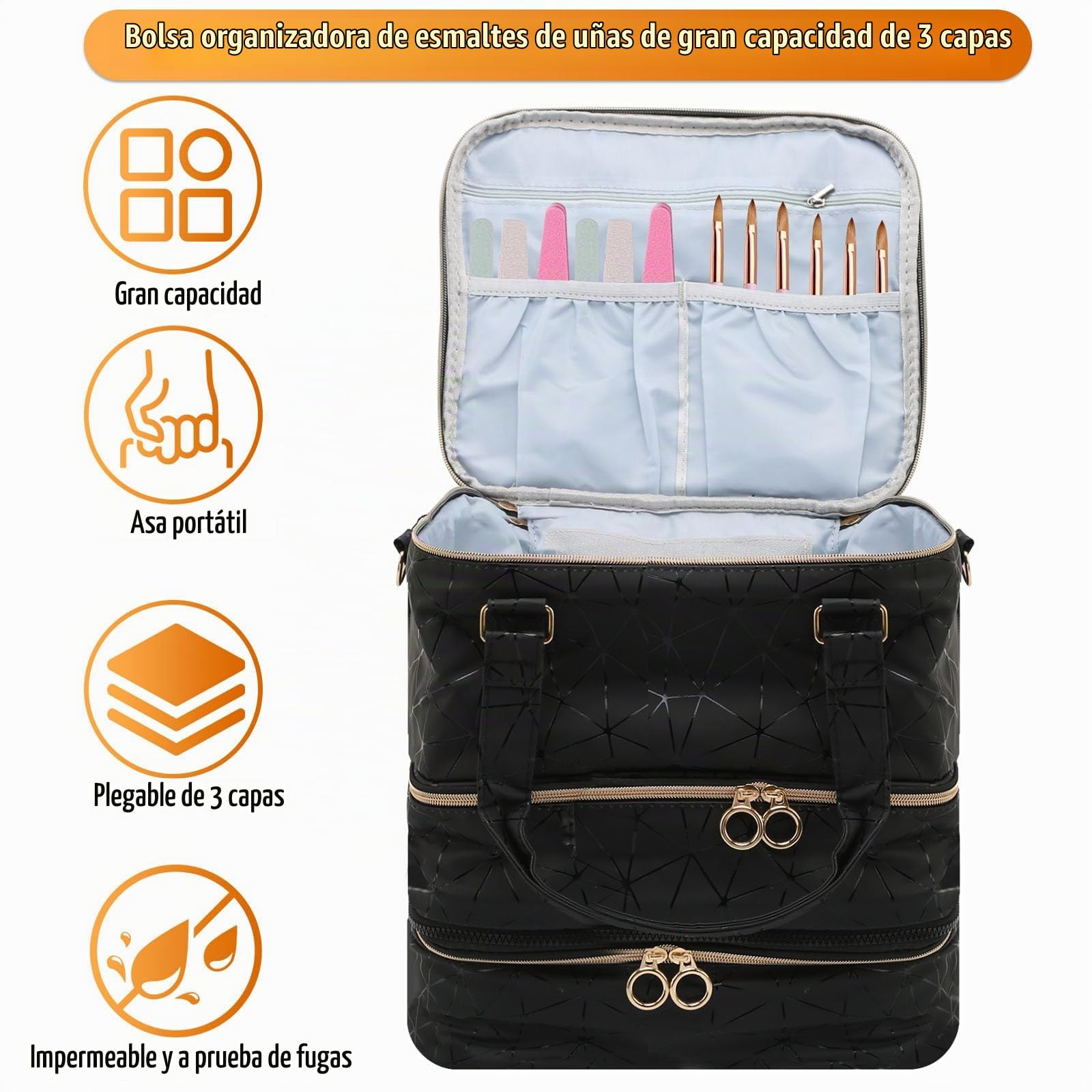 3 Niveles Bolsa de Manicura para 84 Botellas + Lámpara UV