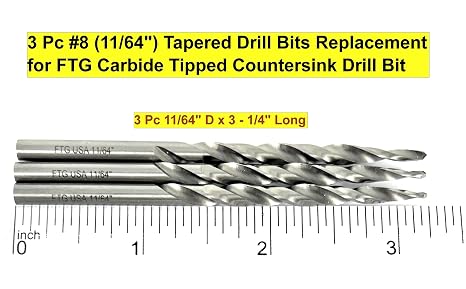 FTG USA 3 Pk #8 (11/64) HSS M2 Tapered Replacement Bits for TCT Countersink