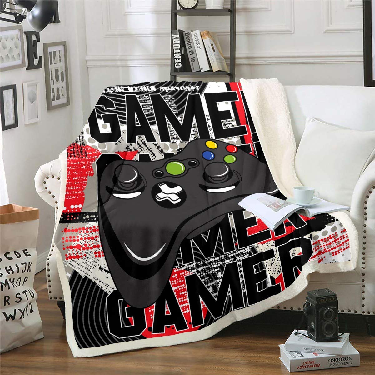 Coperta nera per Gamepad Sherpa Videogioco Gamepad Coperta in pile Coperta novità Controller di gioco moderno Coperta in peluche per divano Letto Camera Gamer Console Coperta sfocata leggera