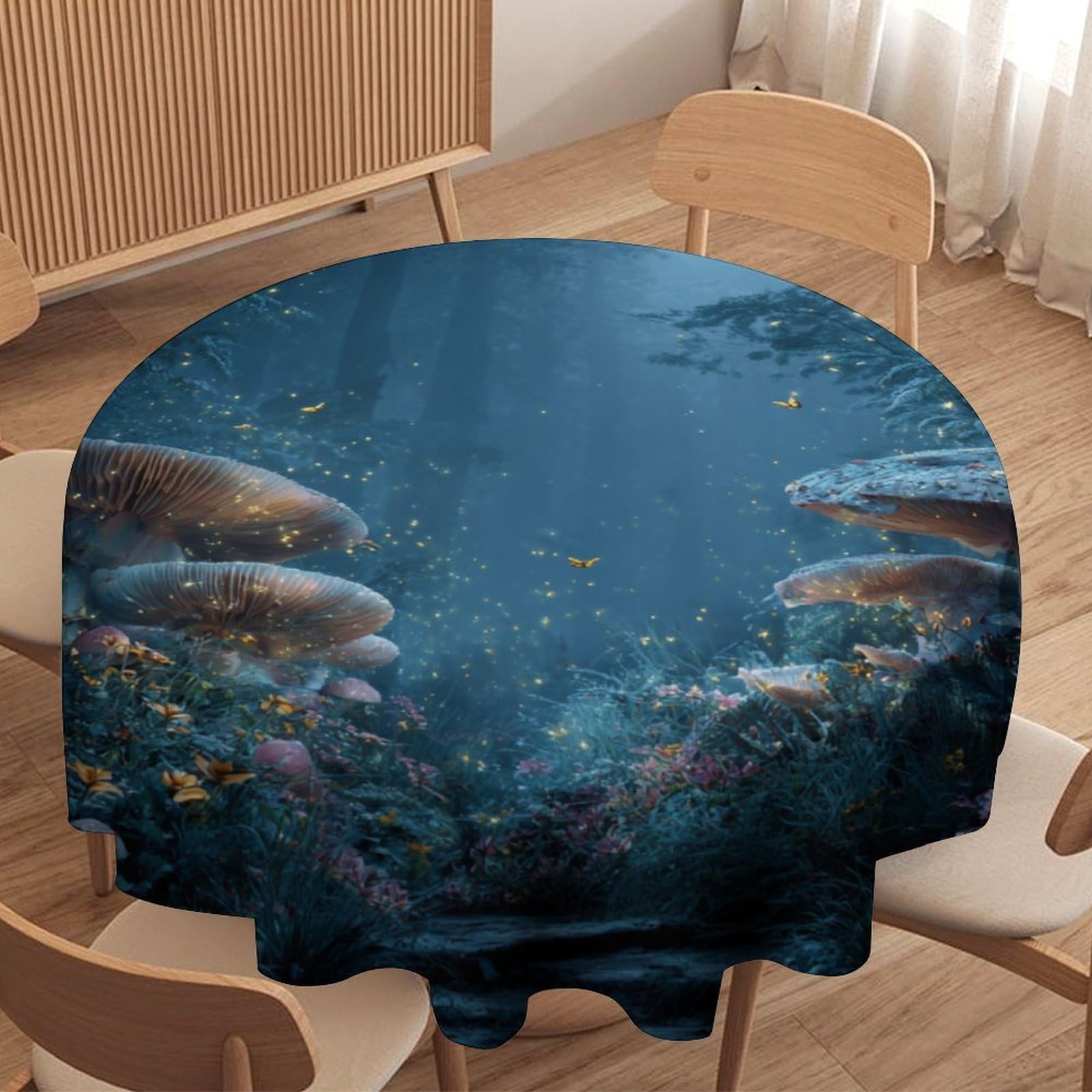 LUYYSKY Classic Rustic Mushroom Forest Round Tablecloth Natural Vintage Full Moon Animal Butterfly Pattern Washable Decor for Table Cover for Kitchen-127 Wx127 L cm
